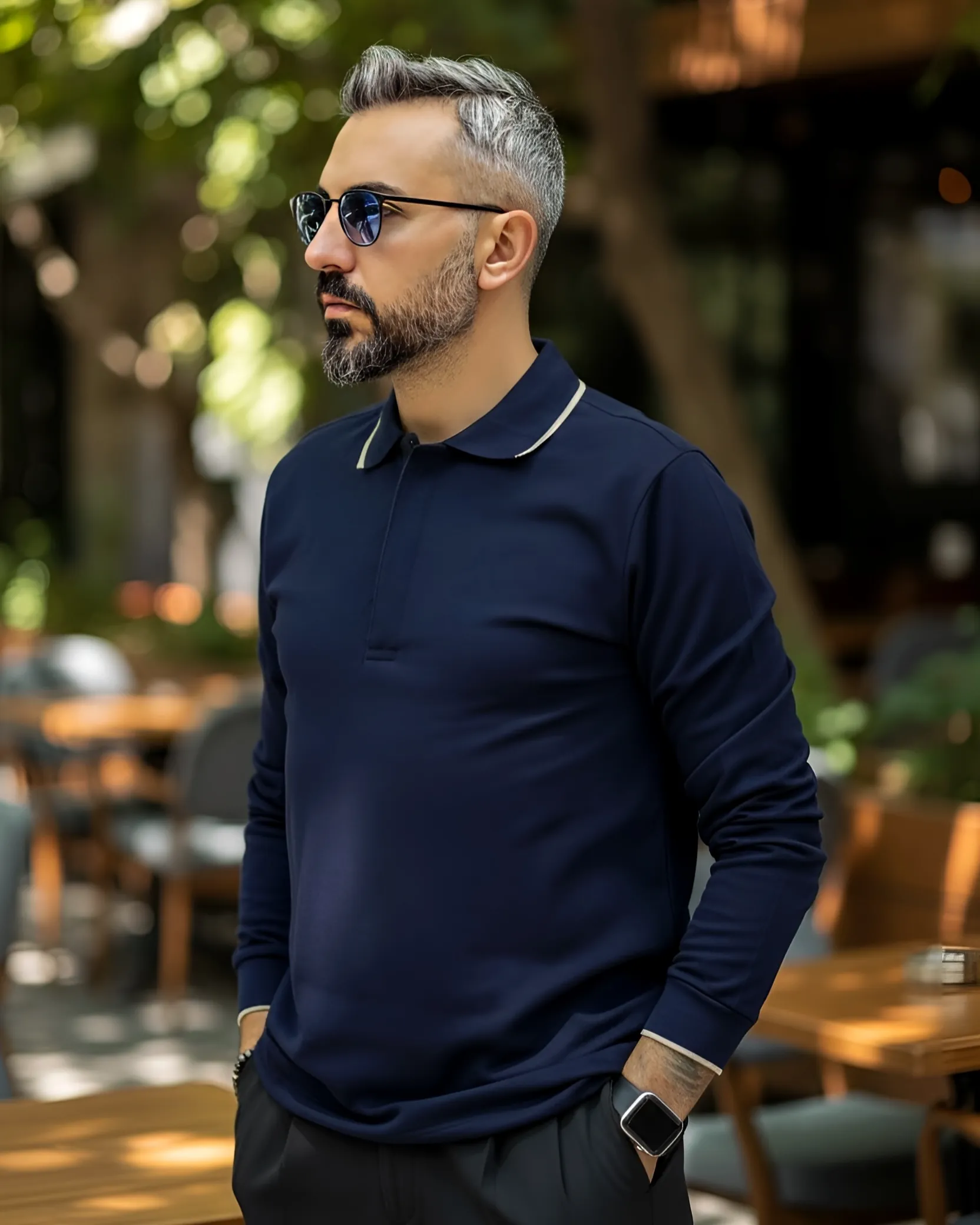 Uzun Kollu  Yarım Fermuarlı Pike Kumaş Erkek Polo - lacivert