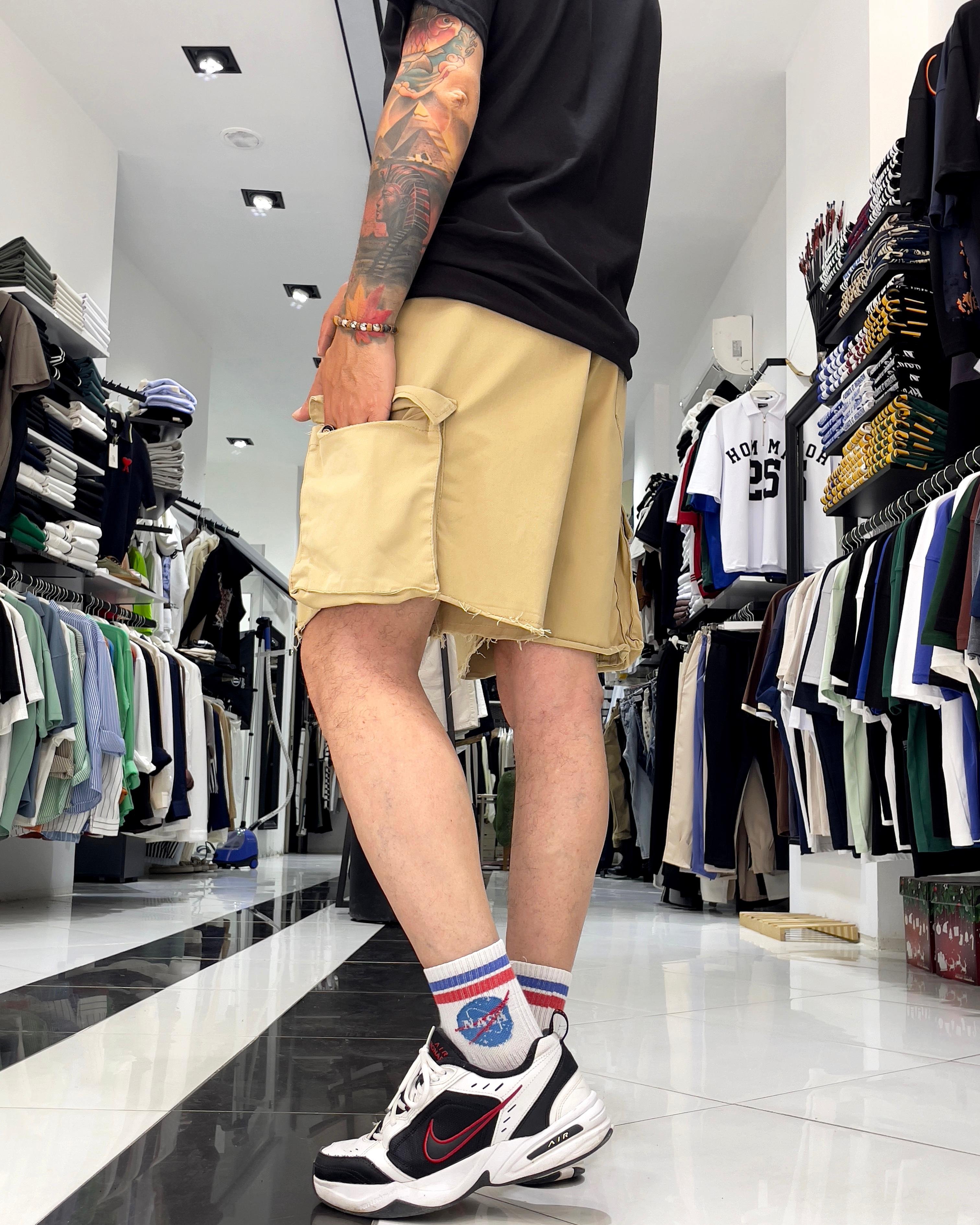 Baggy Fit Organik Denim Erkek Kargo Şort – Higo Man - krem