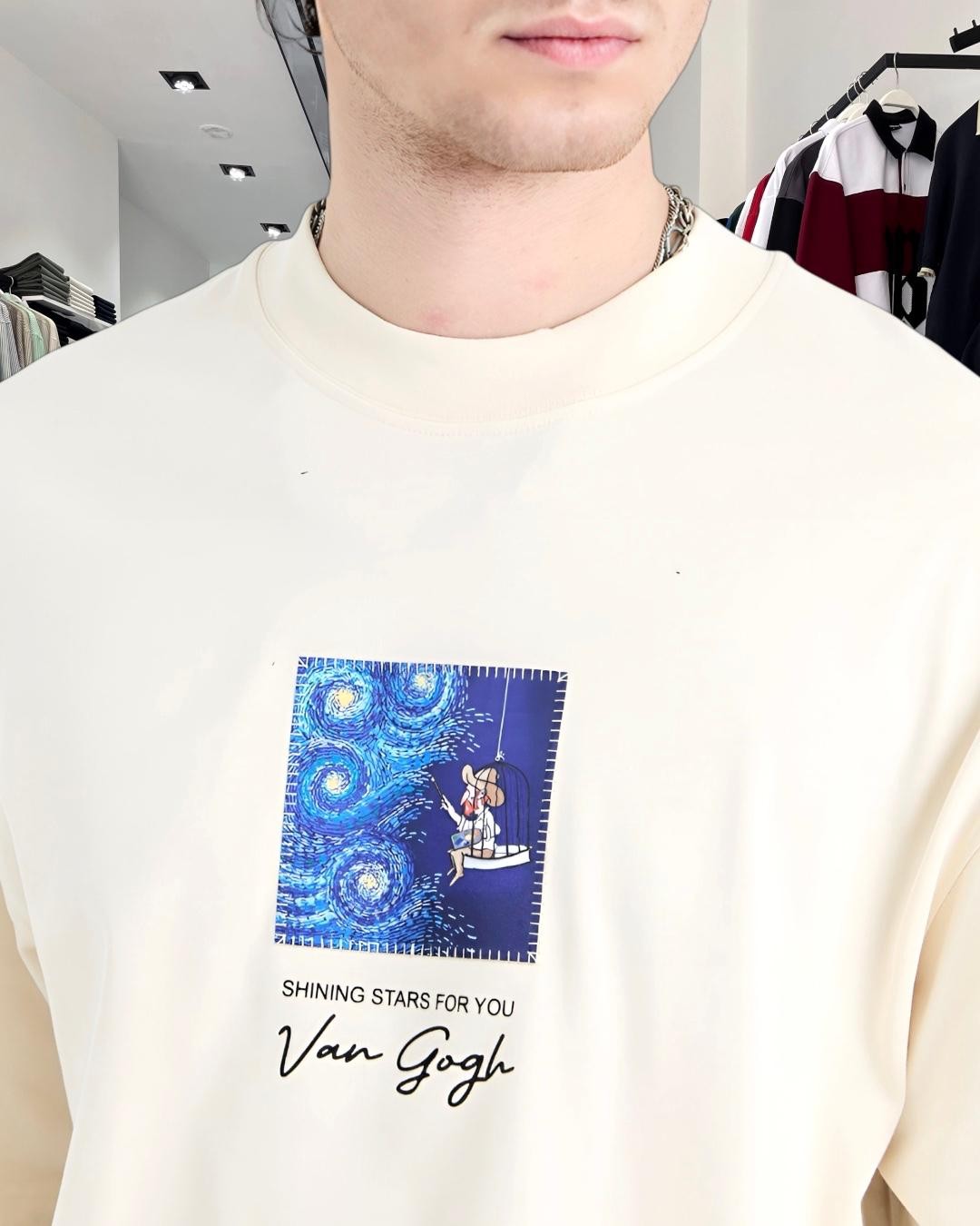 Starry Vision Sırt Kumaş Baskı Van Gogh Oversize Erkek T-Shirt - bej