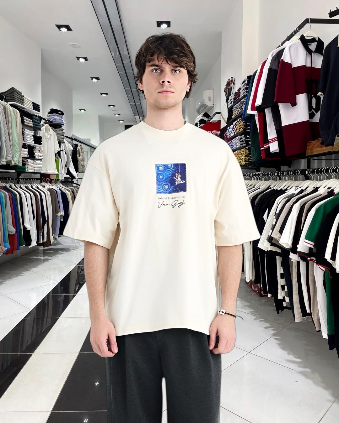 Starry Vision Sırt Kumaş Baskı Van Gogh Oversize Erkek T-Shirt - bej