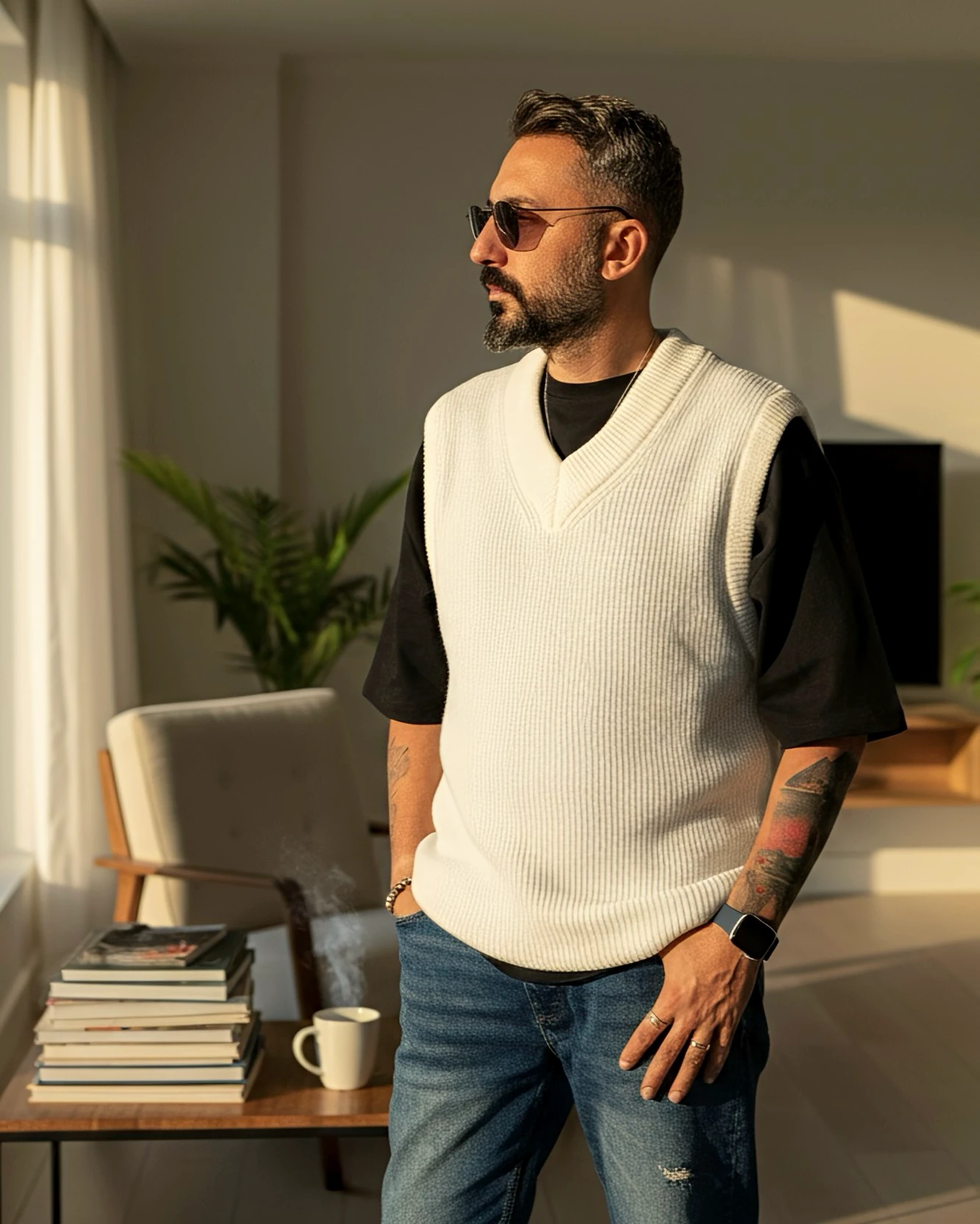 Kolsuz V Yaka Erkek Süveter - beyaz