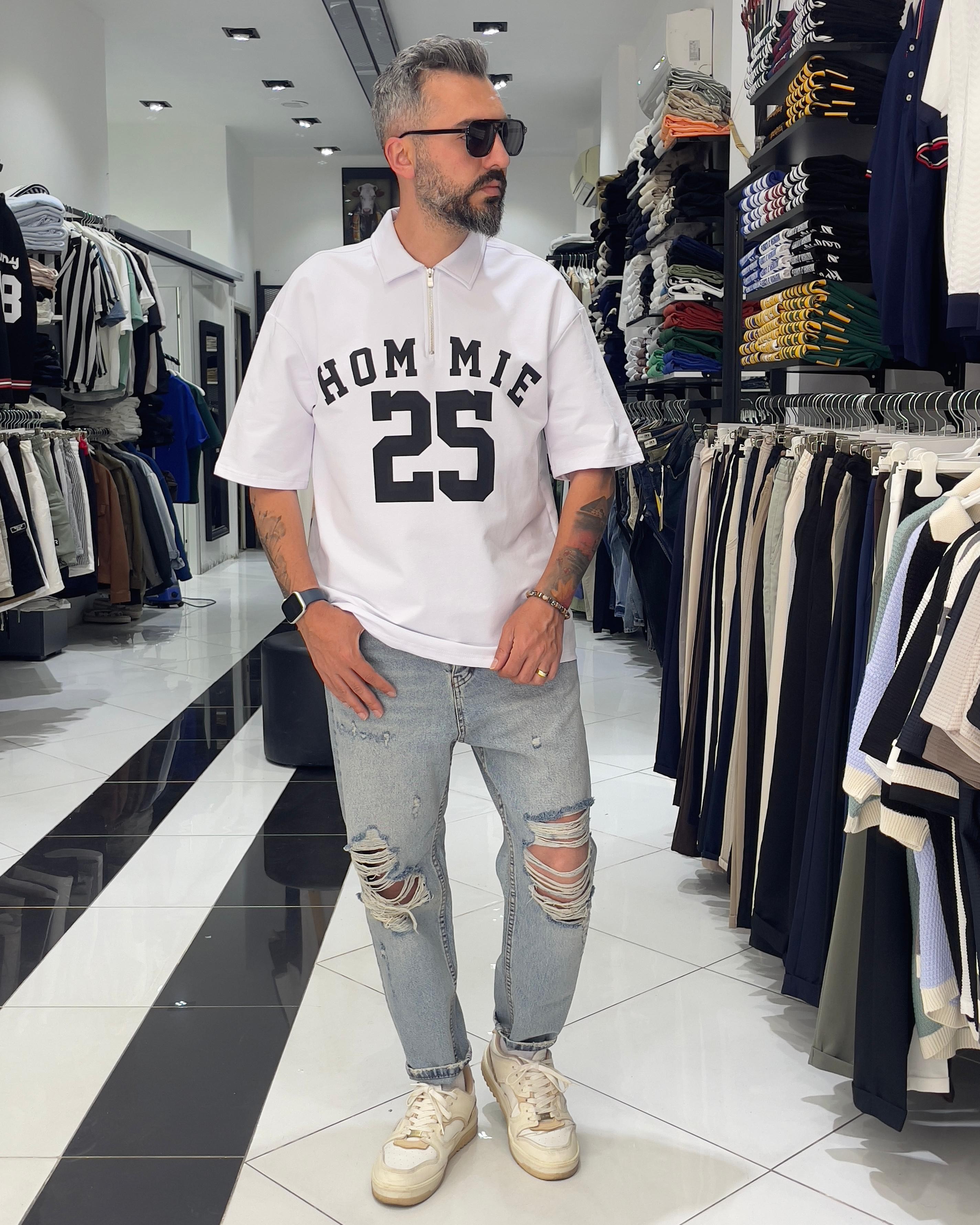 Hommie Baskili Oversize Erkek Polo Yaka T-Shirt - beyaz