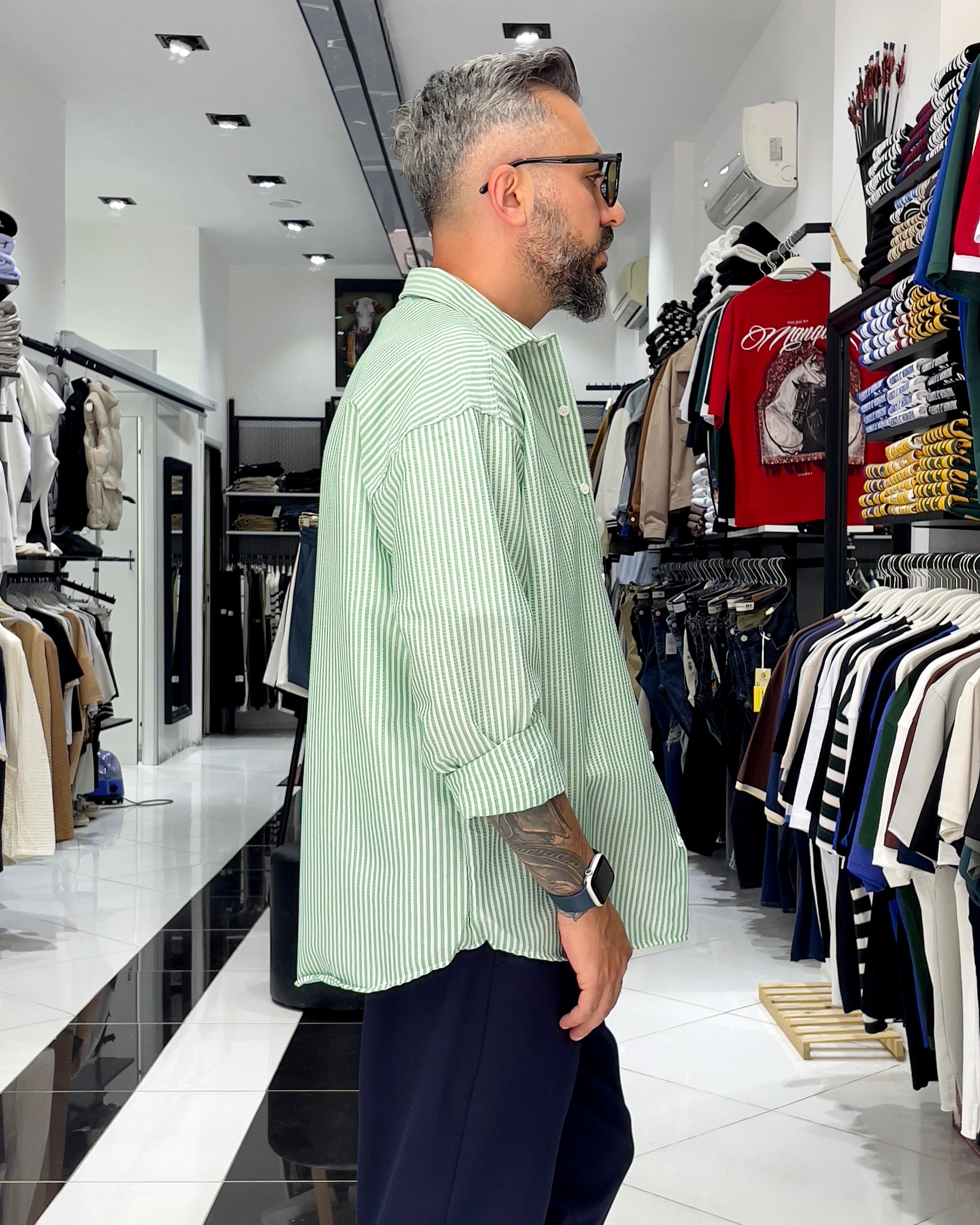 Gofre Kumaş Çizgili Oversize Erkek Gömlek - yeşil