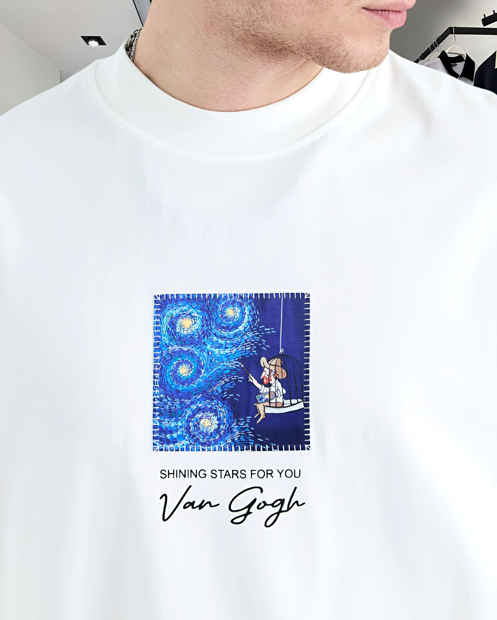 Starry Vision Sırt Kumaş Baskı Van Gogh Oversize Erkek T-Shirt - beyaz