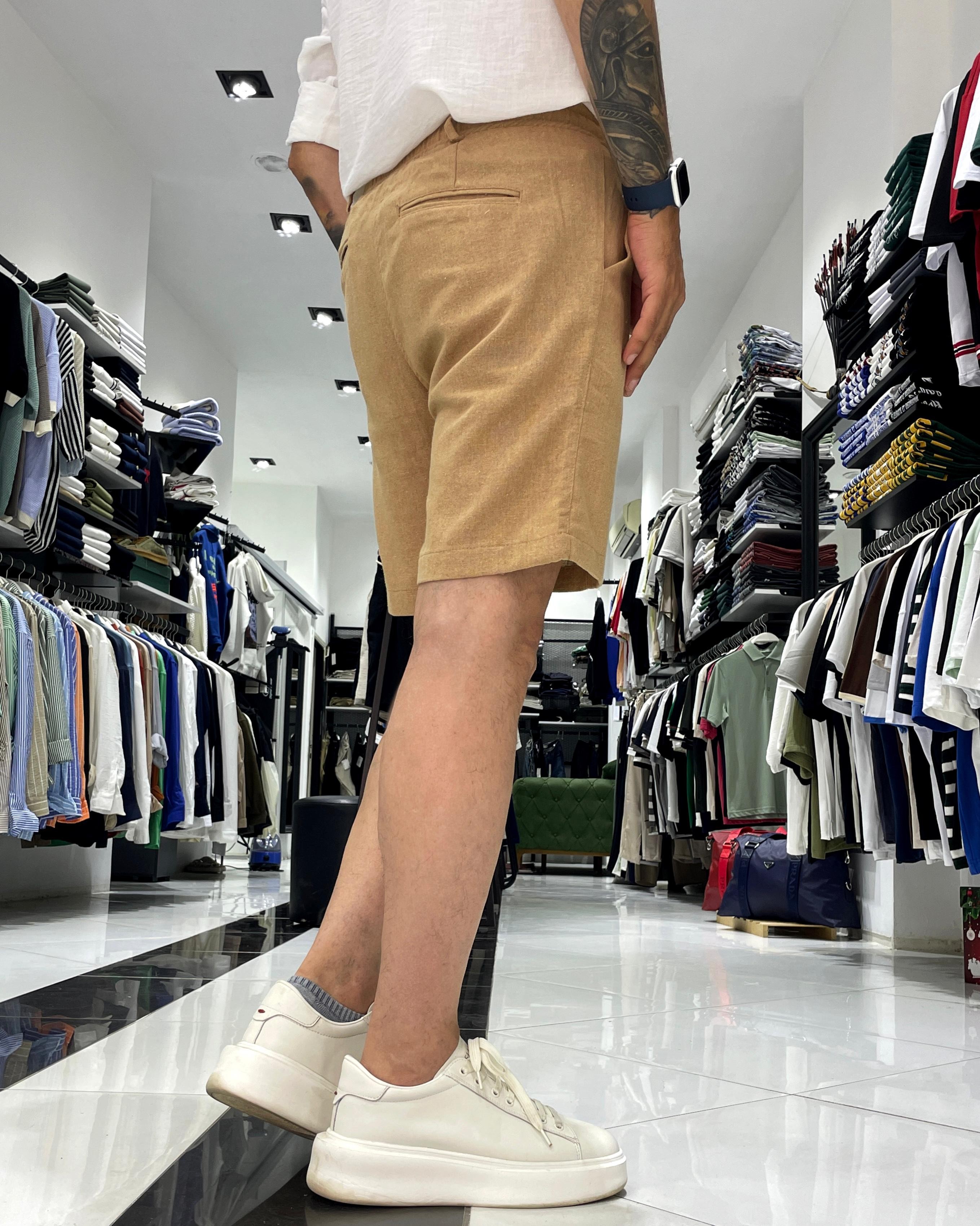 Relaxed Fit Çima Çizgi Detaylı Erkek Keten Pamuk Şort