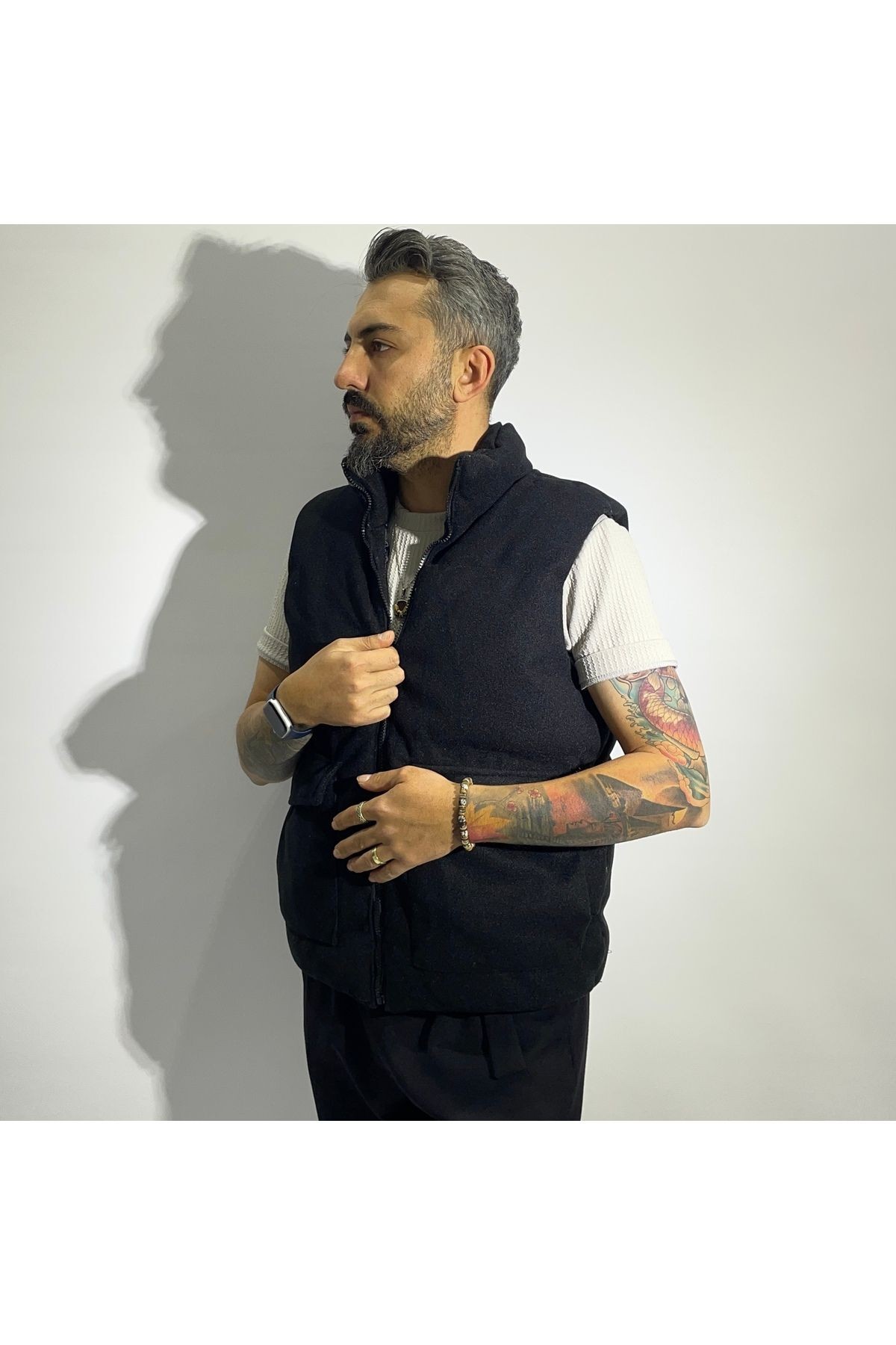 Fiber Filled Cashmere Zippered Men's Vest - Black