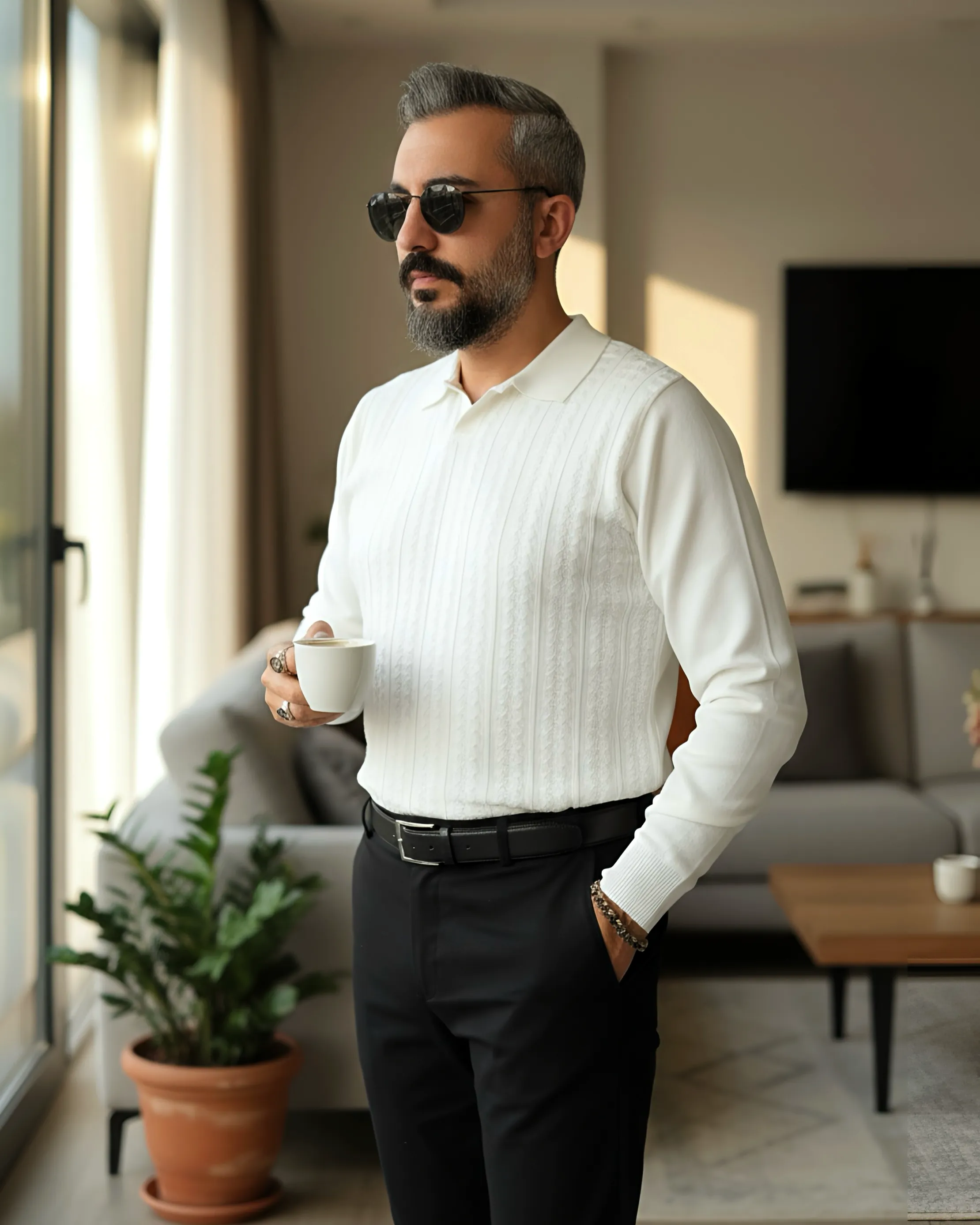 Elegance Erkek Old Money Uzun Kollu Triko Polo Yaka Kazak  - beyaz