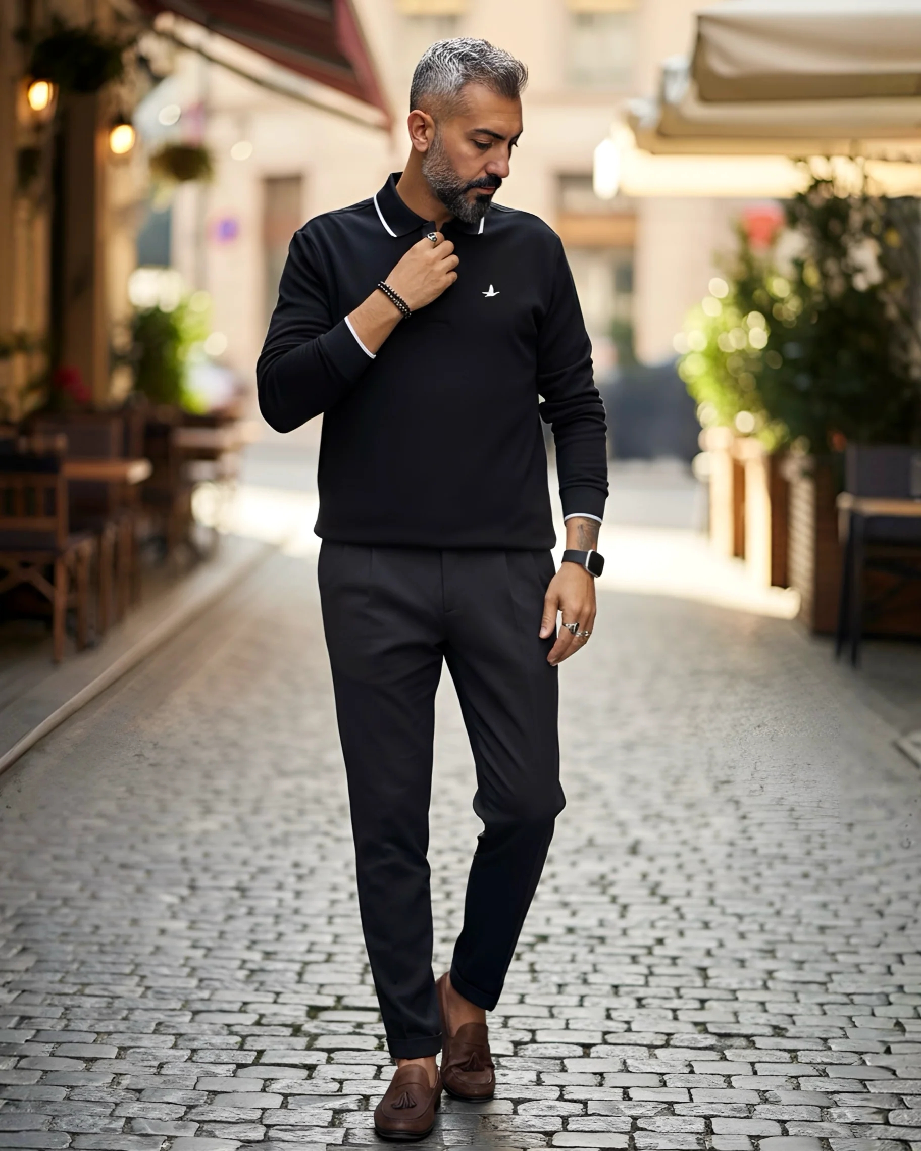 Uzun Kollu  Yarım Fermuarlı Pike Kumaş Erkek Polo - siyah