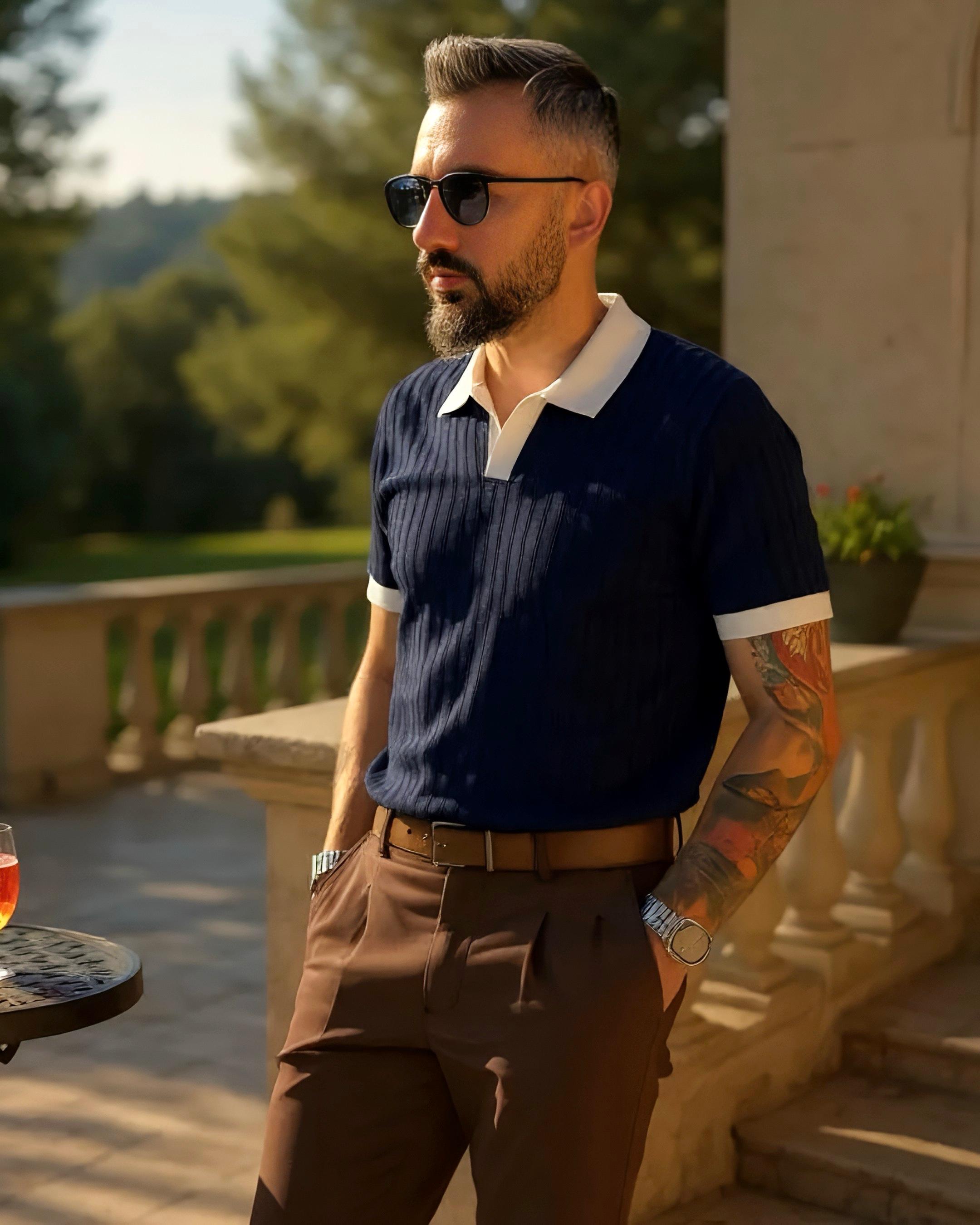 Yaka Detaylı Erkek Triko Polo Yaka T-Shirt - lacivert