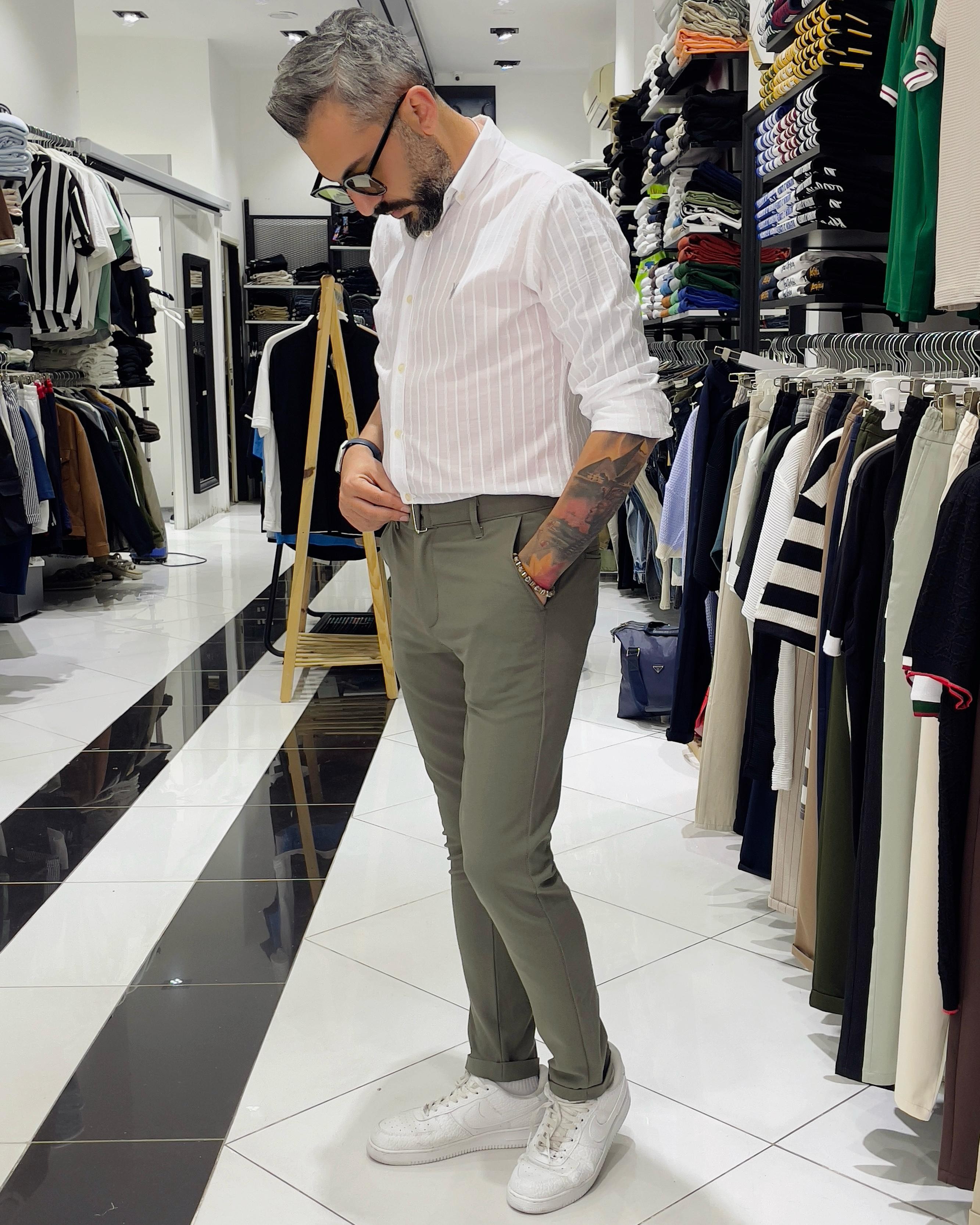Italian Style Belted Men's Fabric Trousers - Khaki green