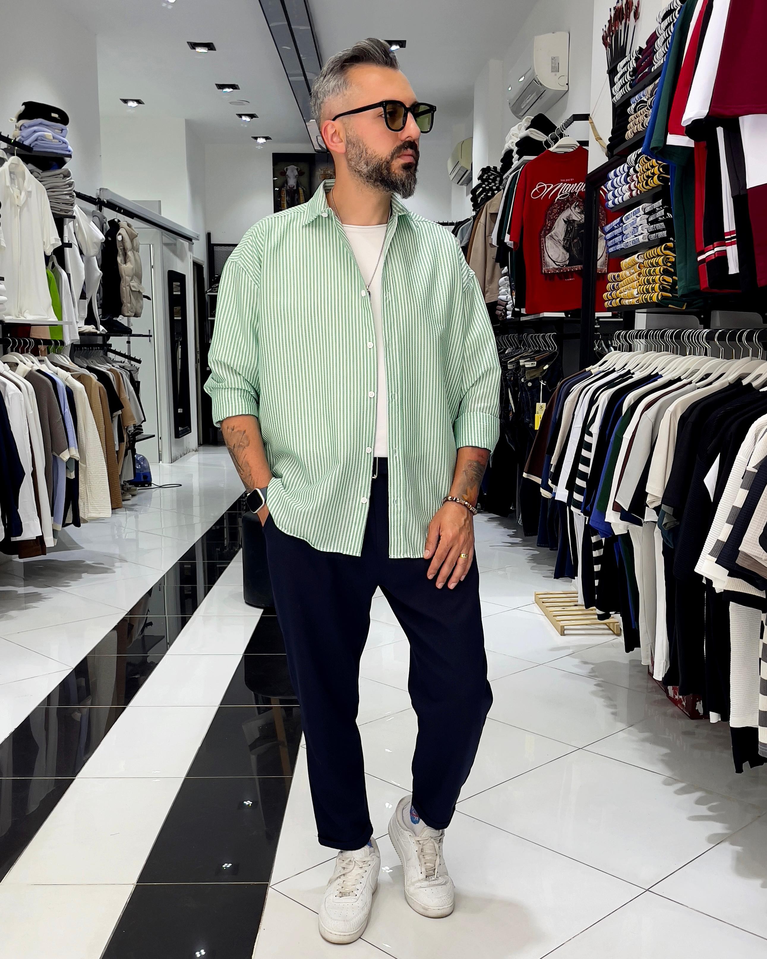 Gofre Kumaş Çizgili Oversize Erkek Gömlek - yeşil
