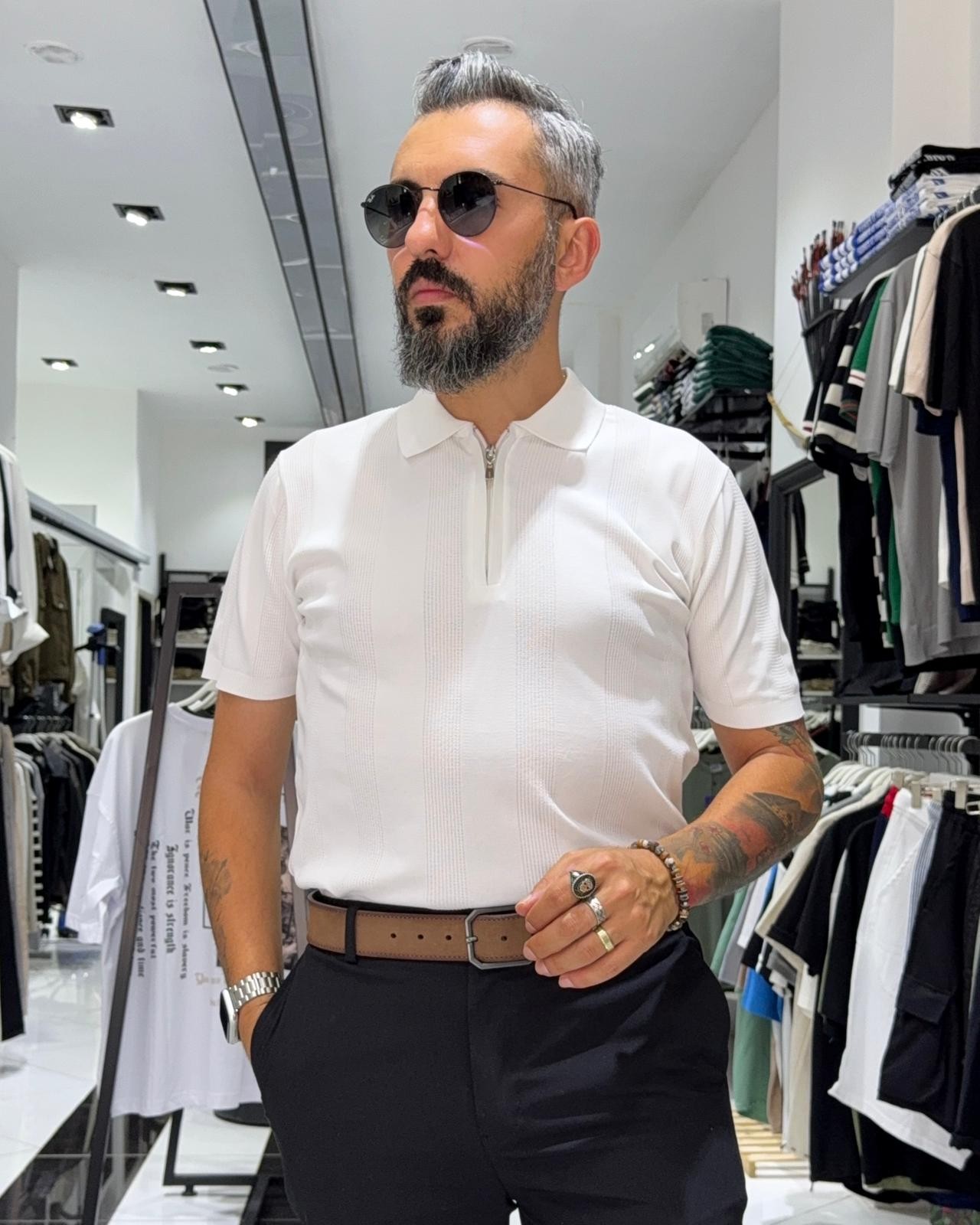  Desenli Polo Yaka Yarım Fermuarlı Erkek T-Shirt - beyaz