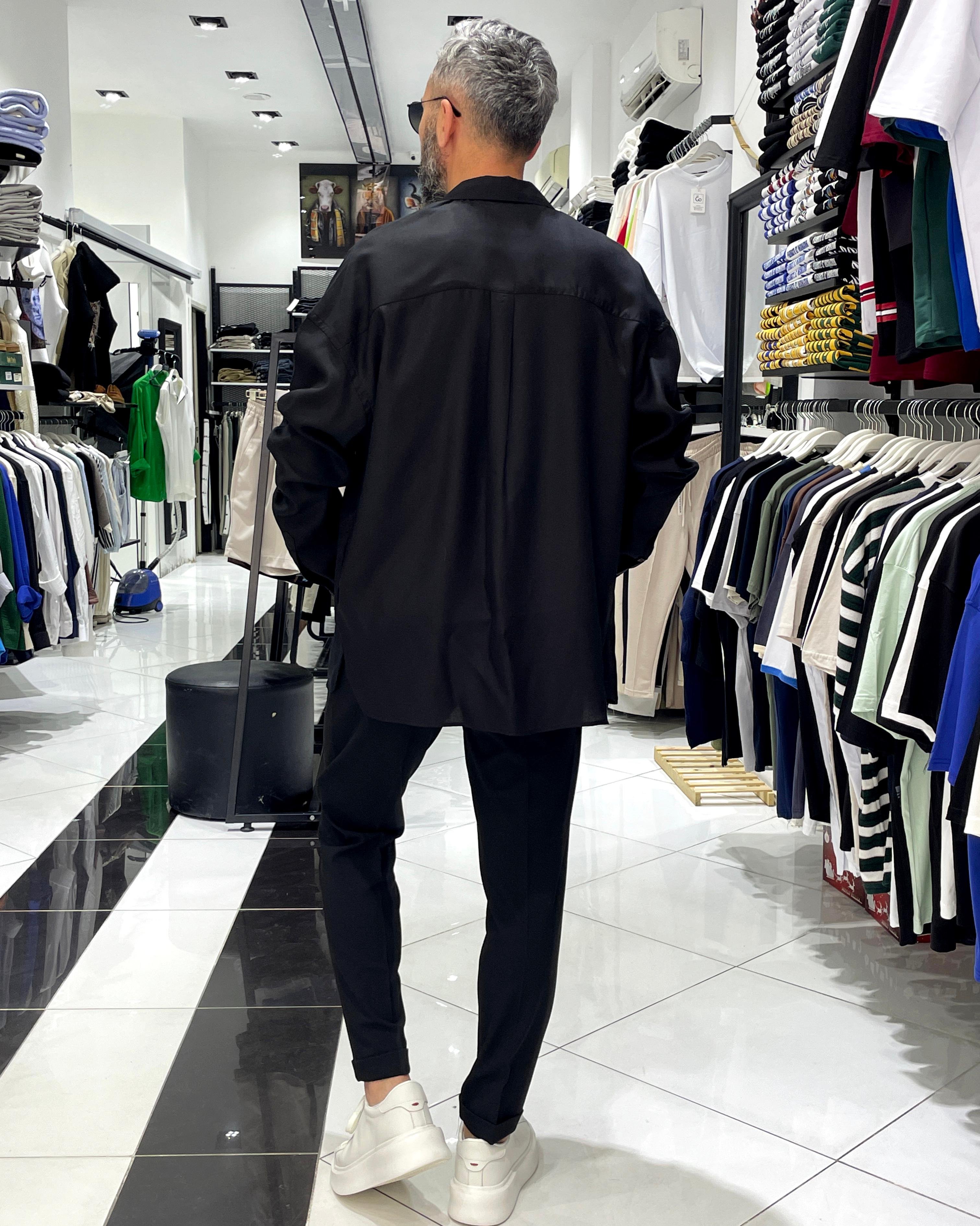 Tensel Kumaş Ekstra Oversize Erkek Gömlek - siyah