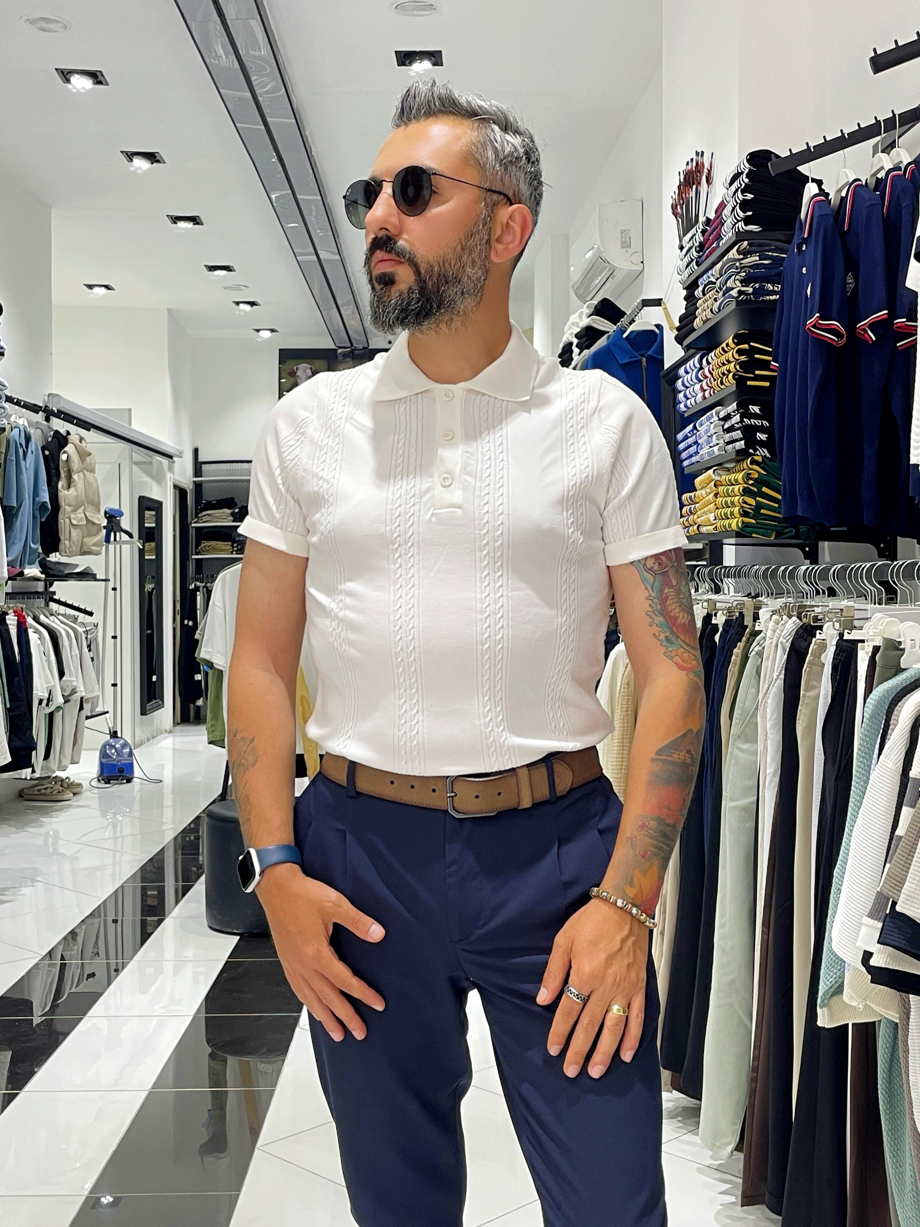 Old Money Erkek Triko Polo Yaka T-Shirt Beyaz