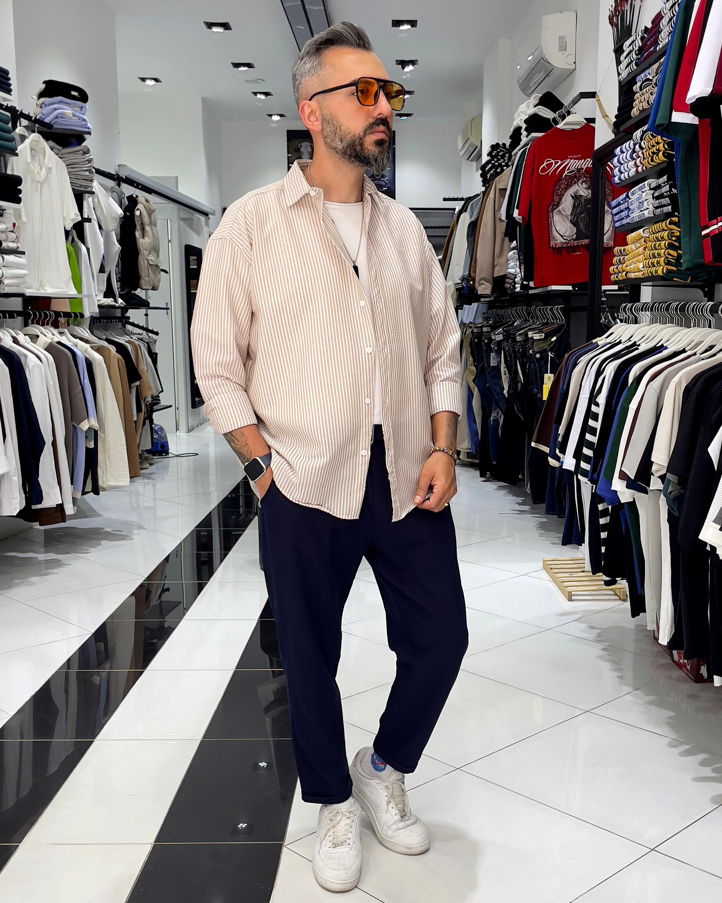 Gofre Kumaş Çizgili Oversize Erkek Gömlek