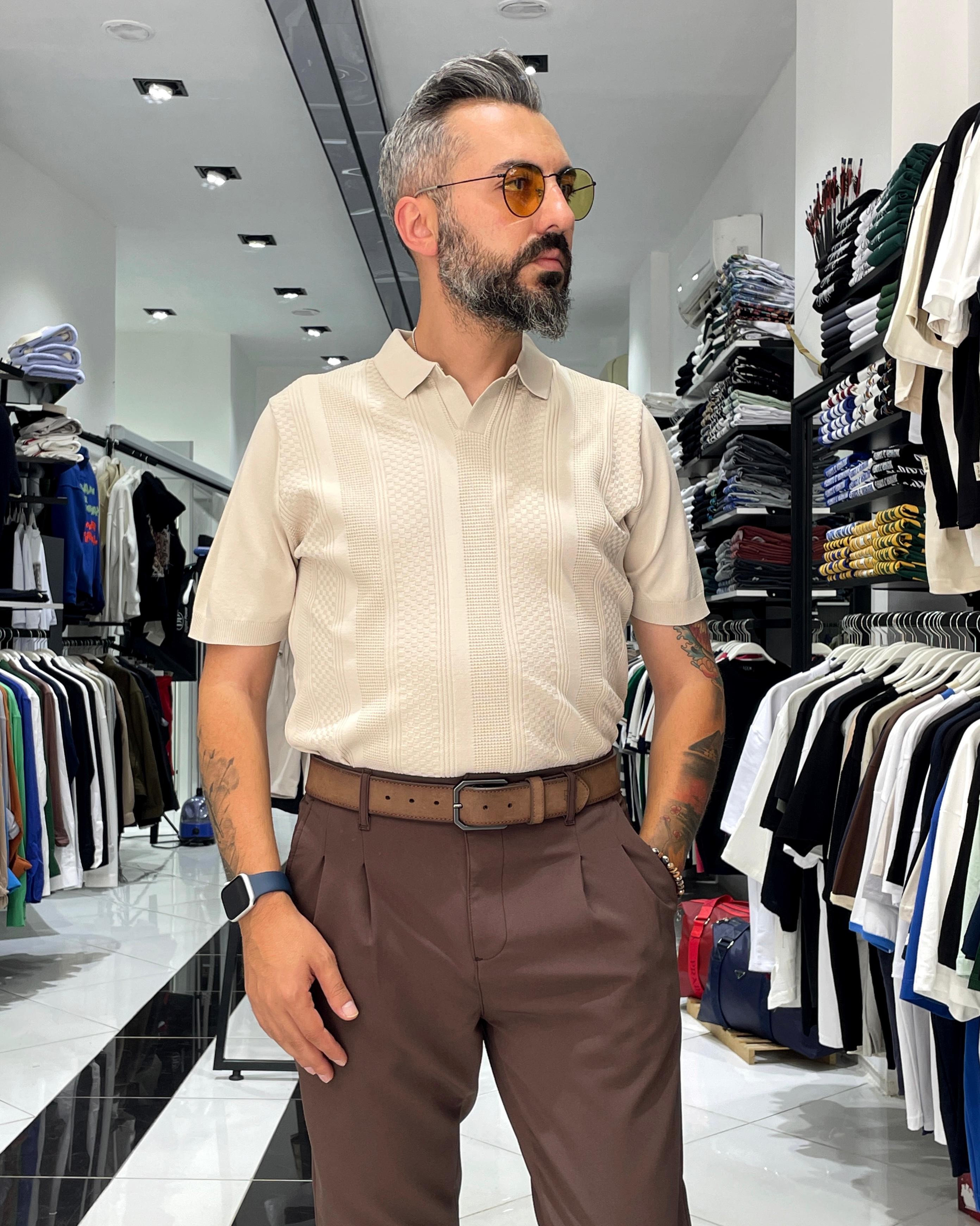 Kendinden Desenli Triko Erkek Polo Yaka T-Shirt - krem