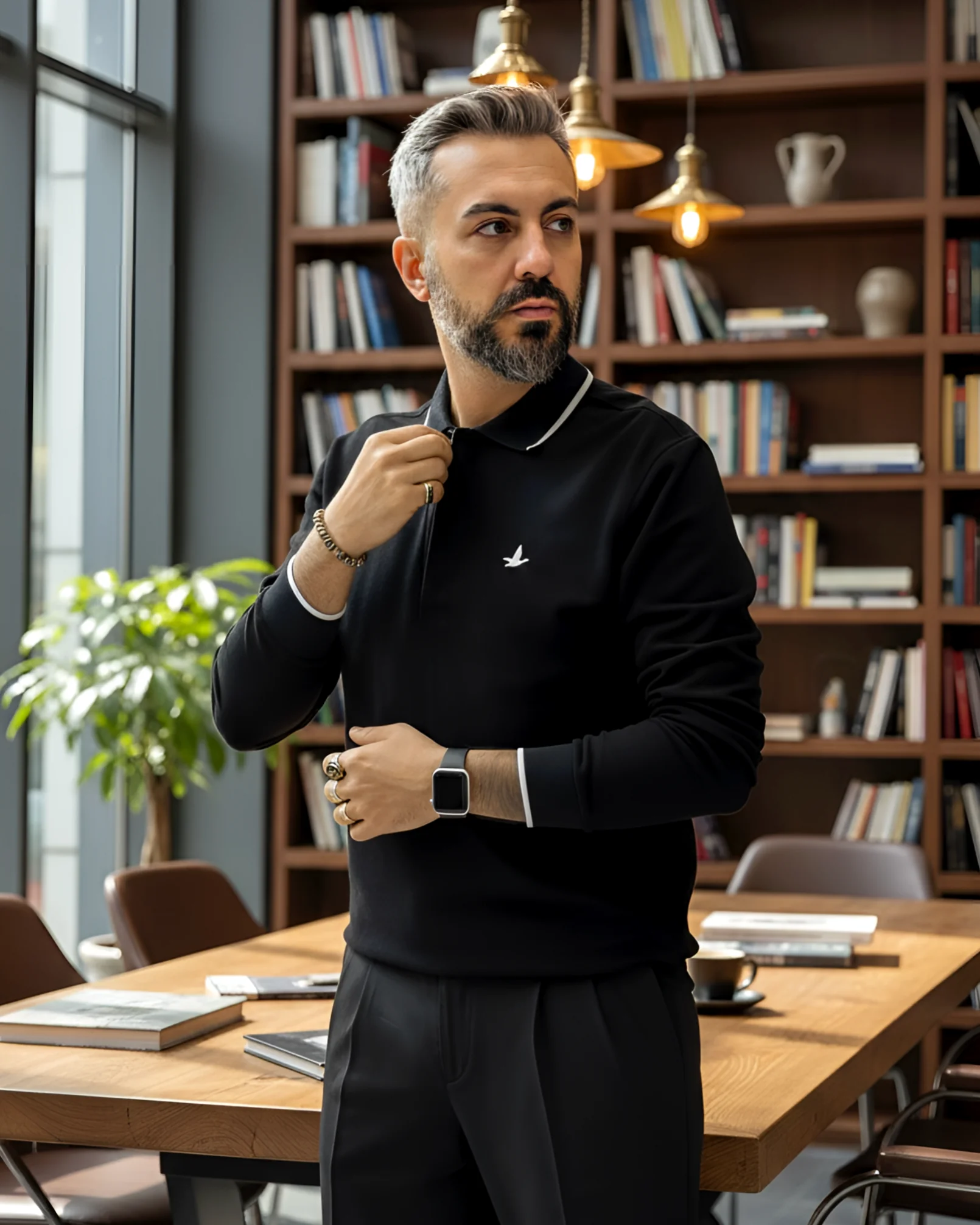 Uzun Kollu  Yarım Fermuarlı Pike Kumaş Erkek Polo - siyah