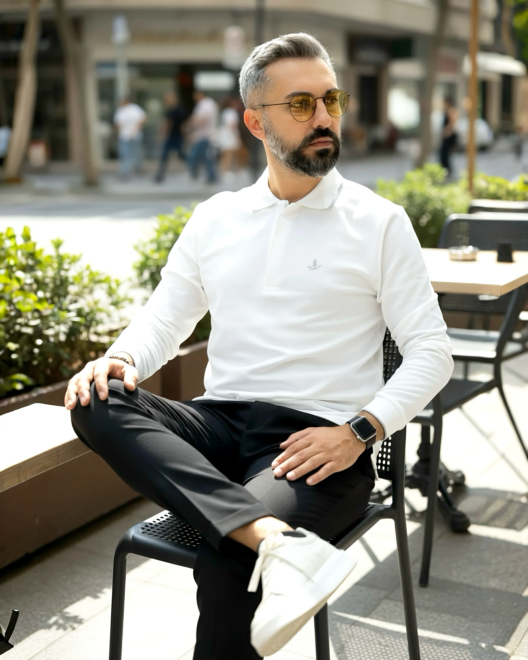 Uzun Kollu  Yarım Fermuarlı Pike Kumaş Erkek Polo - beyaz