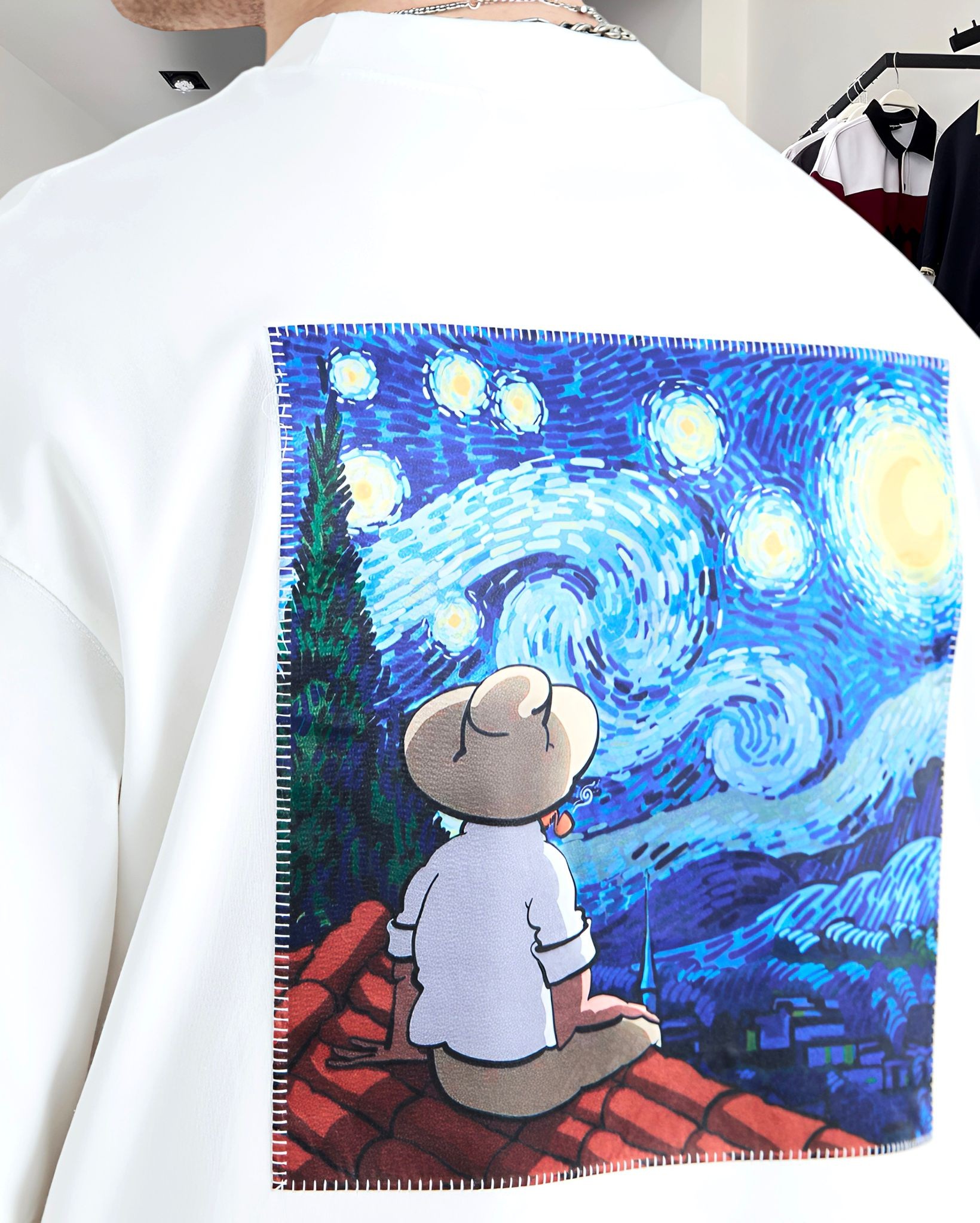 Starry Vision Sırt Kumaş Baskı Van Gogh Oversize Erkek T-Shirt - beyaz