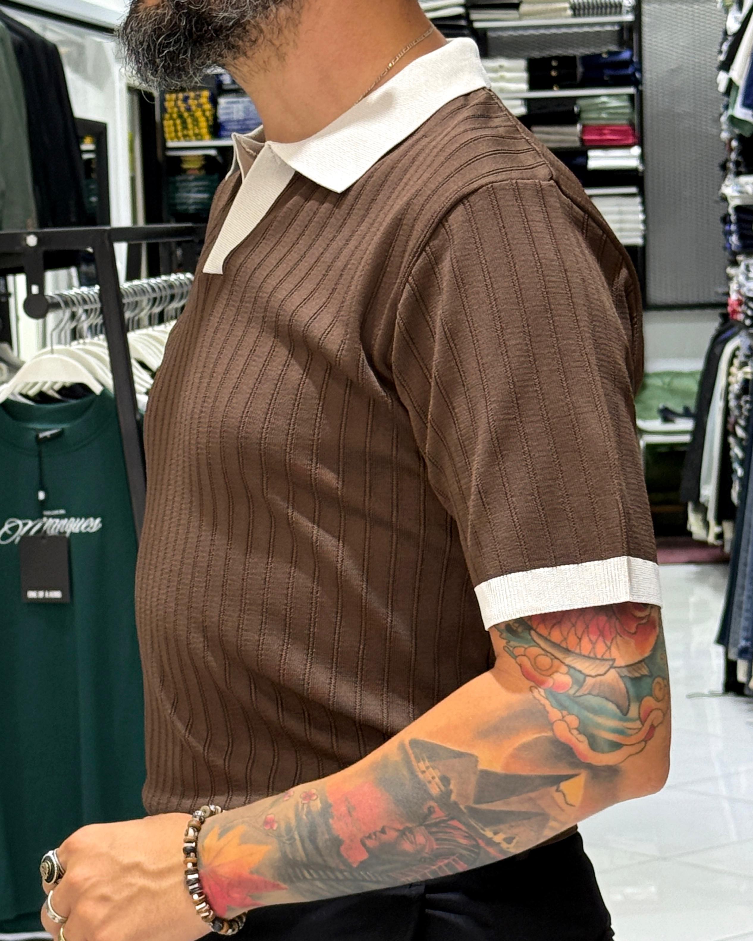 Yaka Detaylı Erkek Triko Polo Yaka T-Shirt - kahve