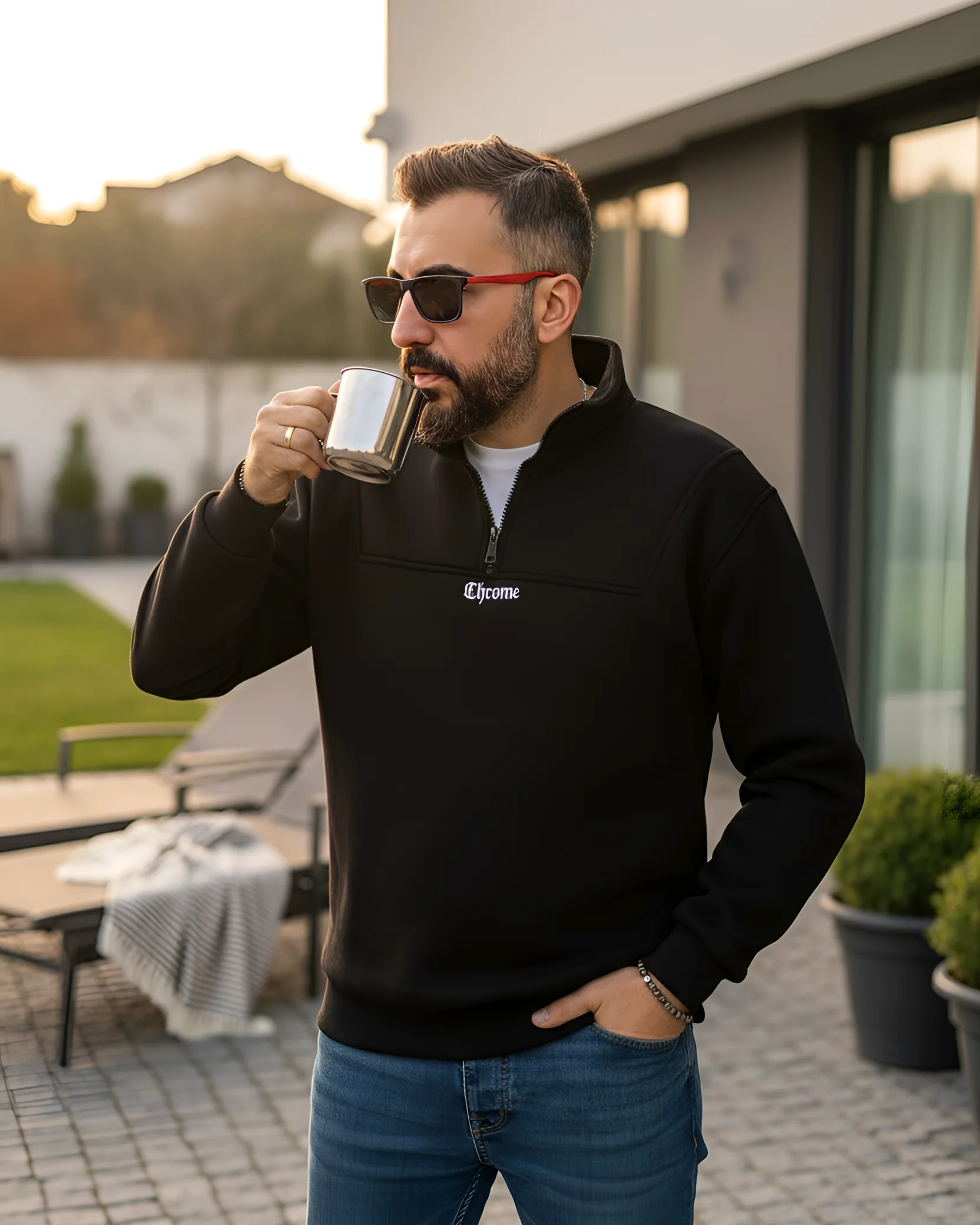 Yarım Fermuarlı Oversize Erkek Sweatshirt - siyah