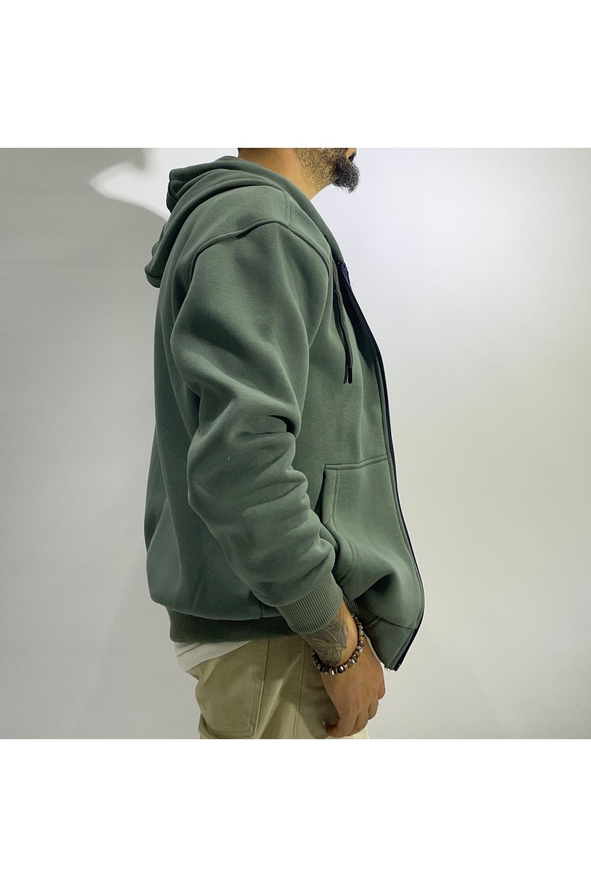 Fermuarlı Kapüşonlu Basic Erkek Sweatshirt - yeşil