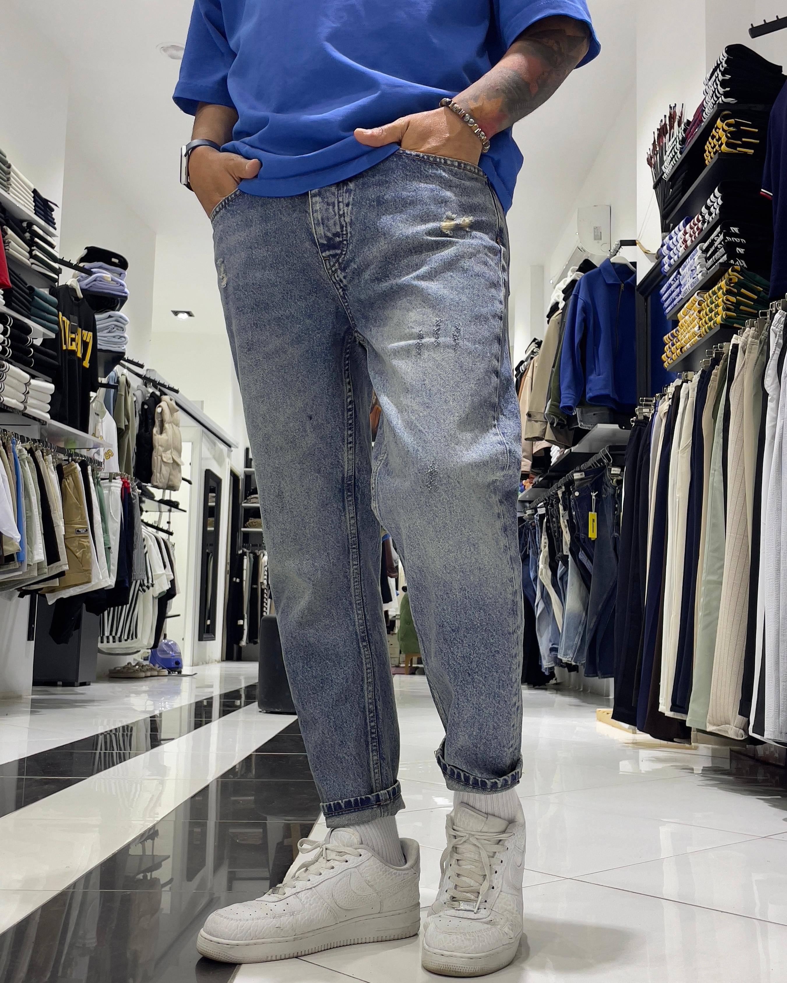 Yıkamalı Açık Mavi Boyfriend Erkek Jean Pantolon