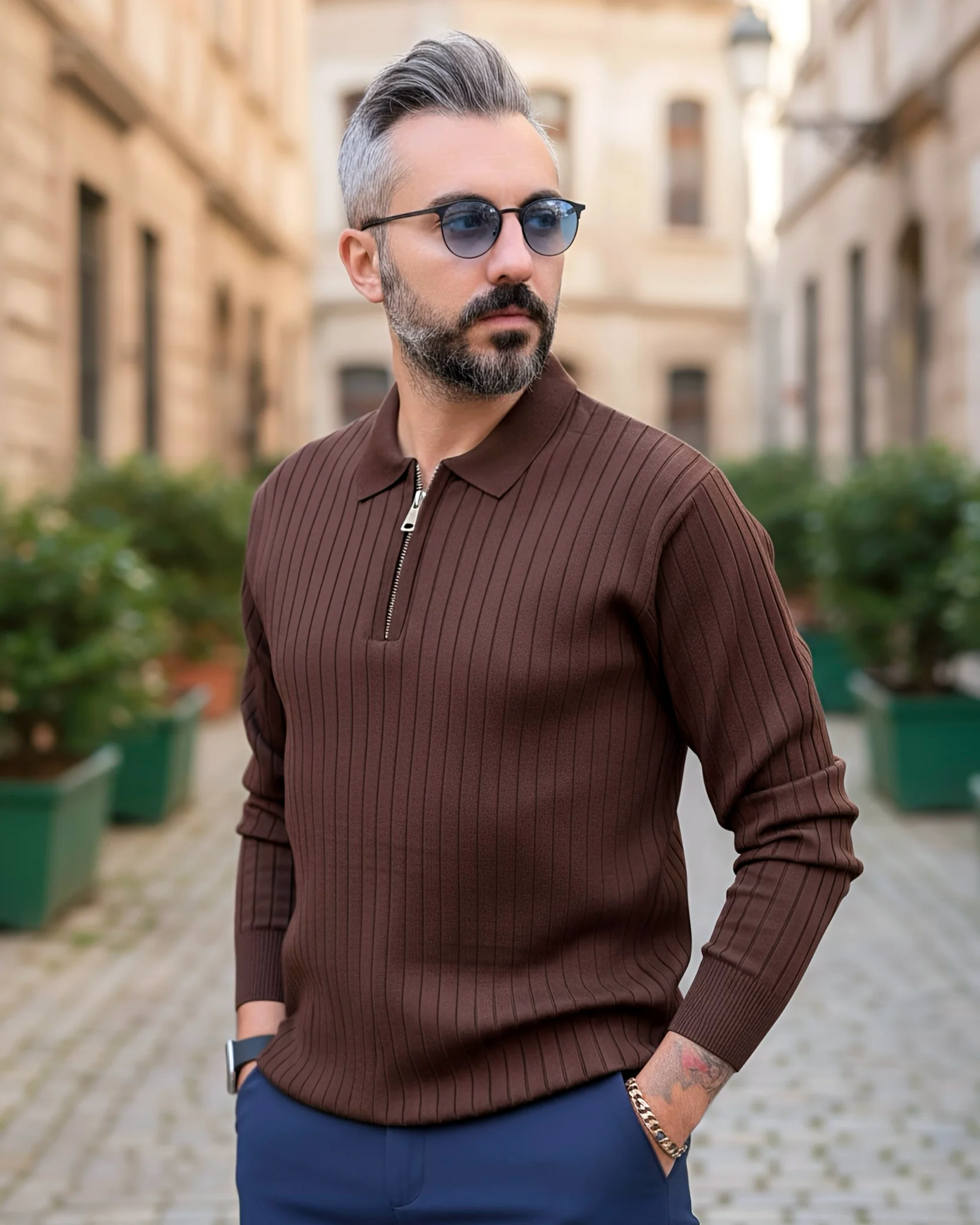 Espresso Line Old Money Erkek Triko Yarım Fermuarlı Polo Kazak