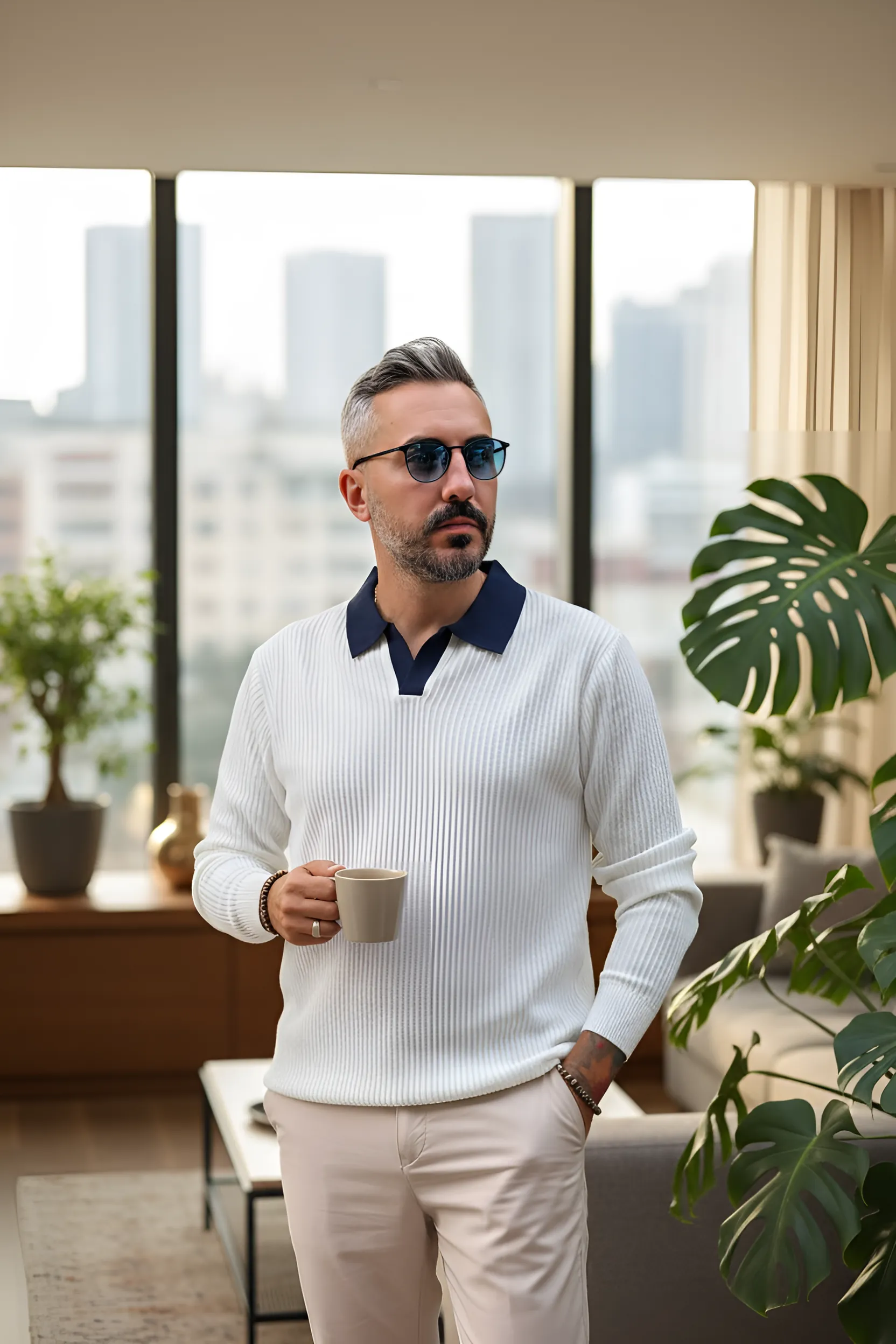 Old Money Triko Polo Yaka Erkek Kazak - beyaz