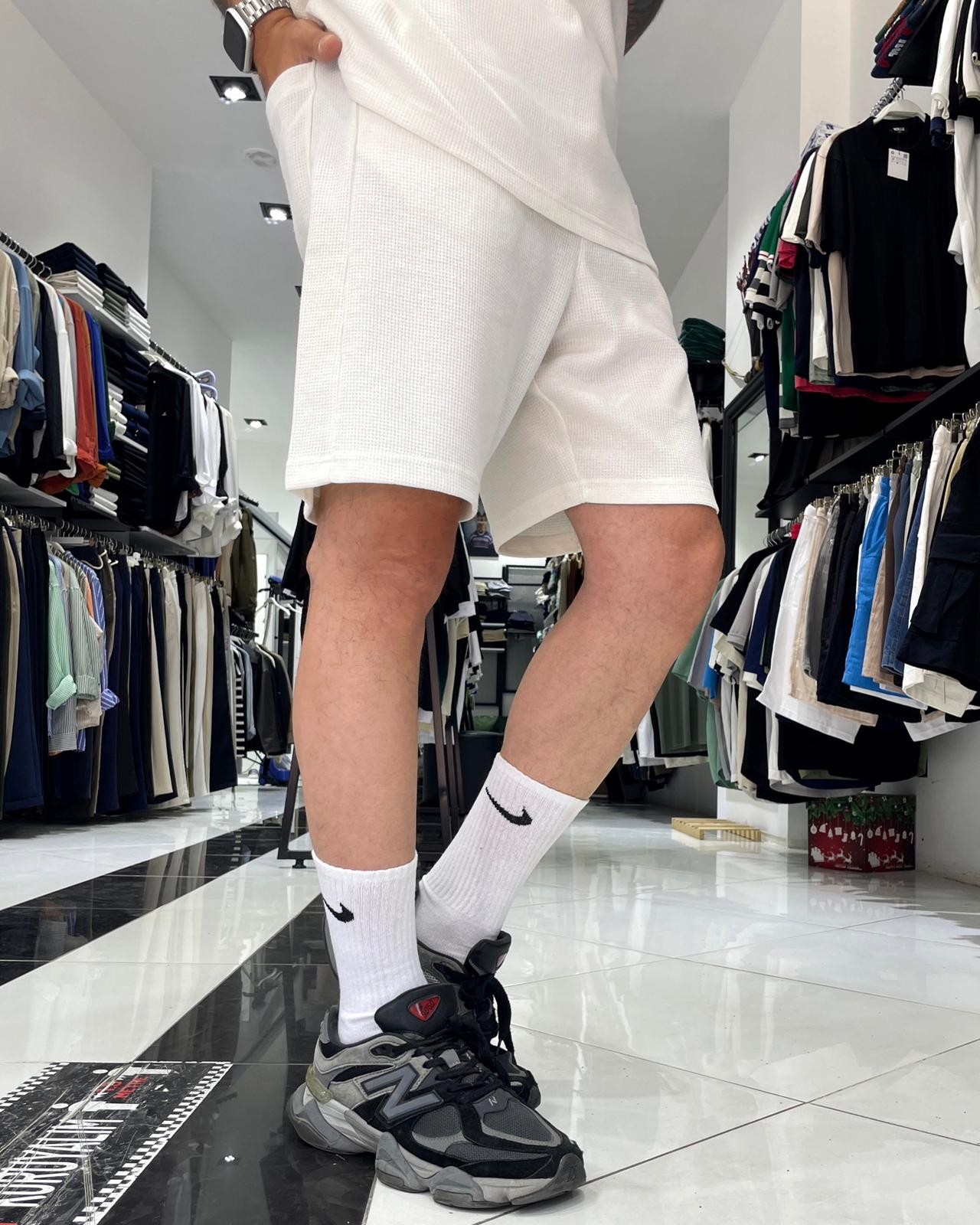 Waffle Kumaş Oversize Erkek T-Shirt & Şort İkili Takım - beyaz