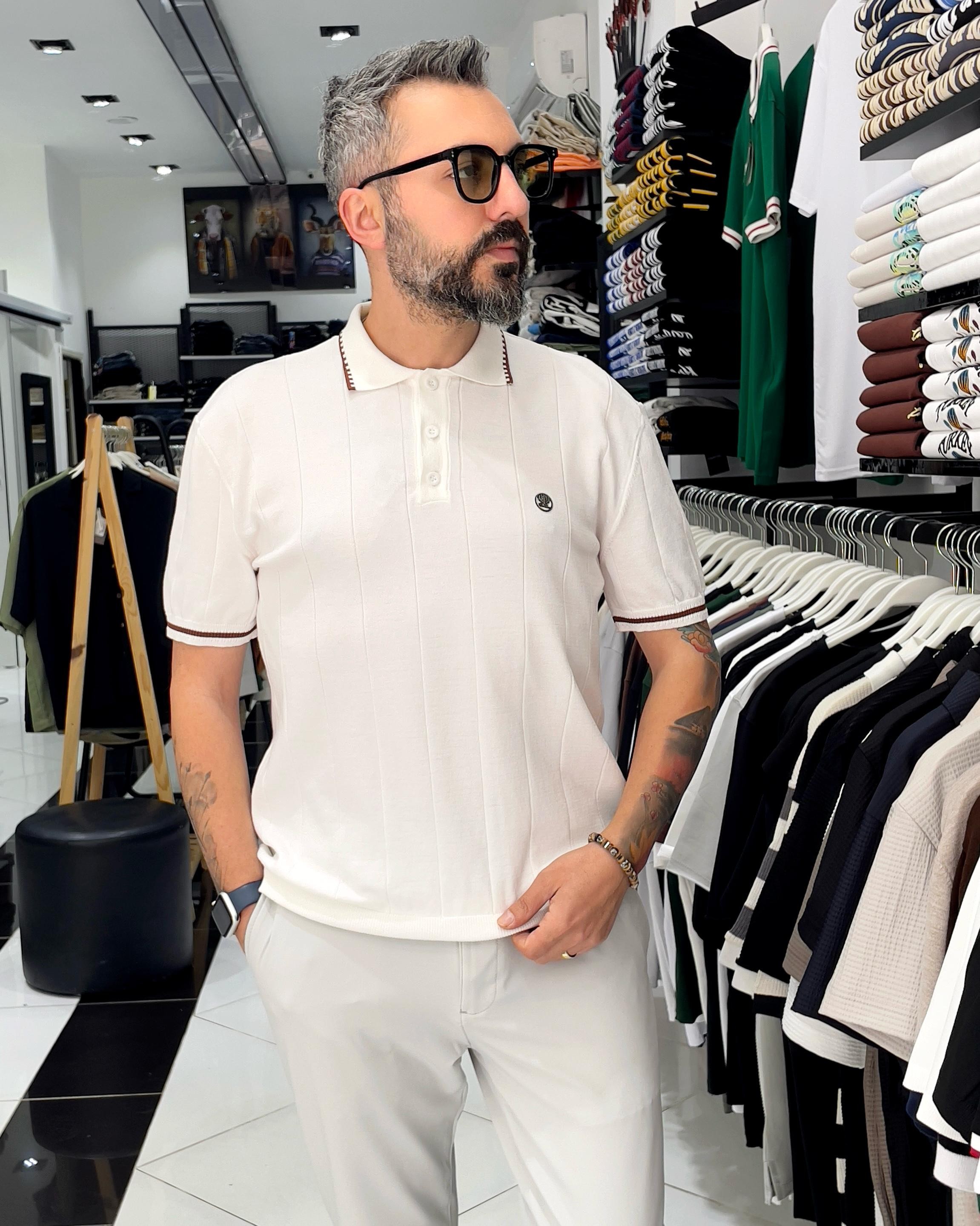 Yaka Ve Kol Detaylı Triko Polo Yaka Erkek T-Shirt - beyaz