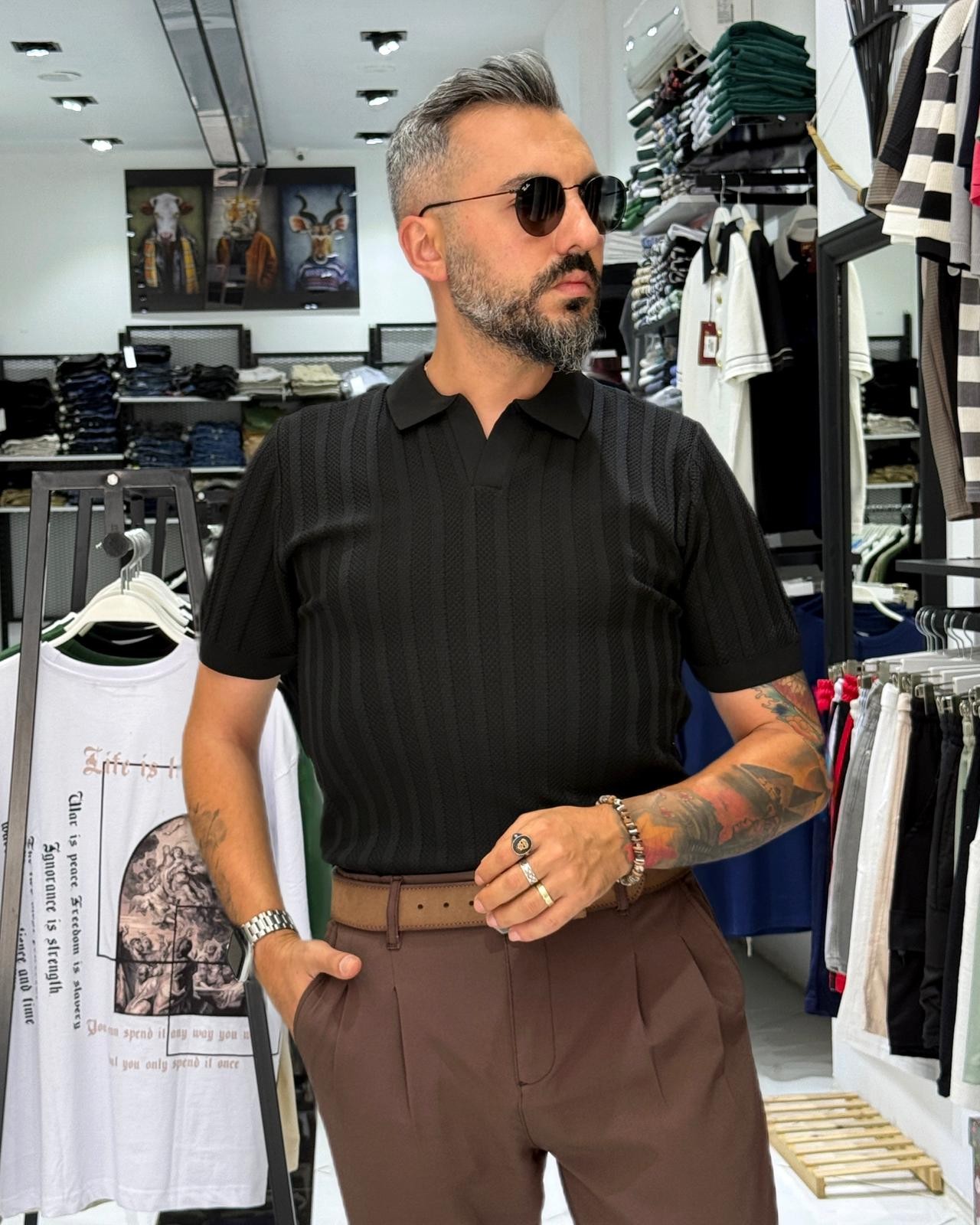 Yaka Detaylı Triko Polo Yaka Erkek T-Shirt - siyah