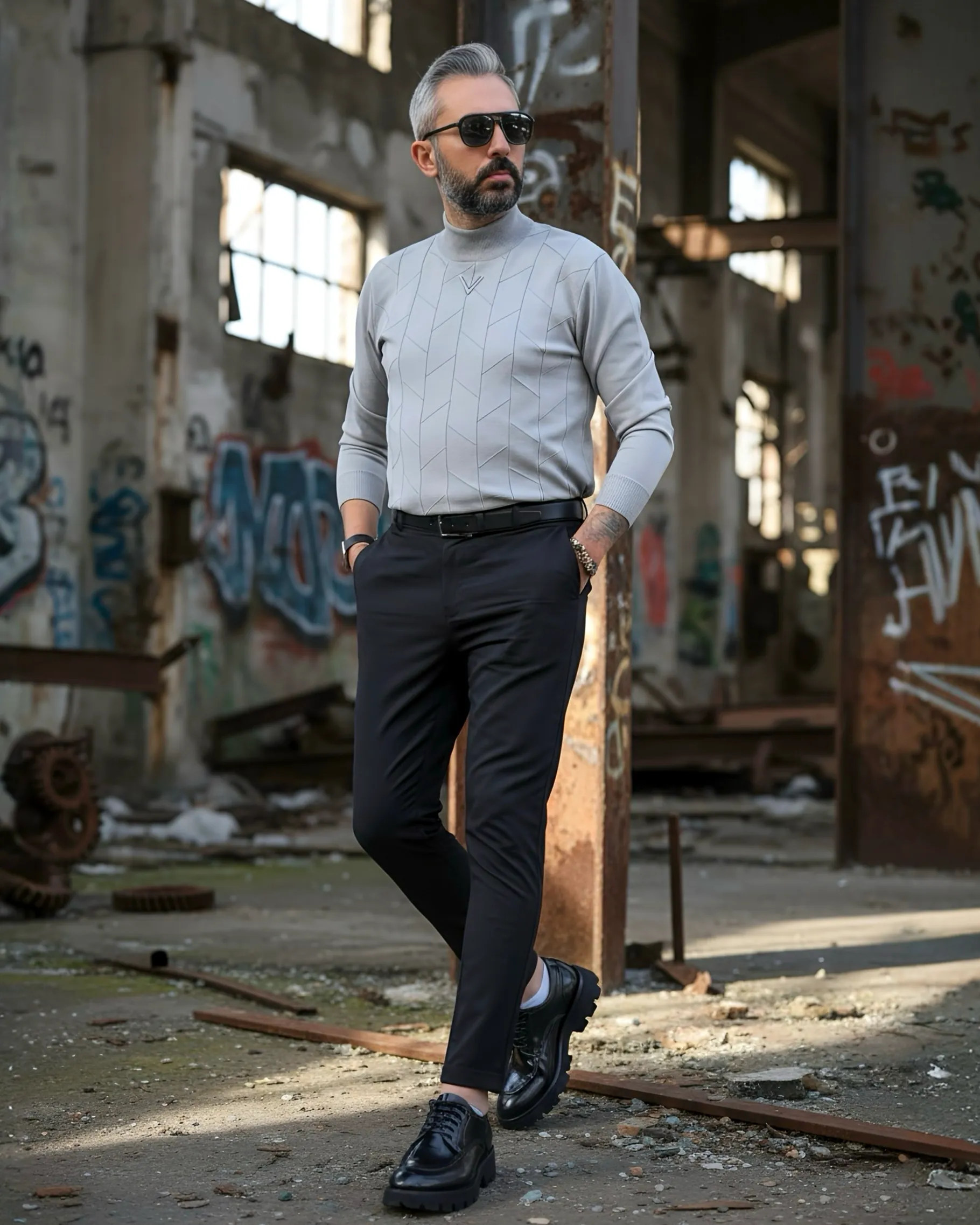 Yarım Balıkçı Desenli Triko Erkek Kazak - gri