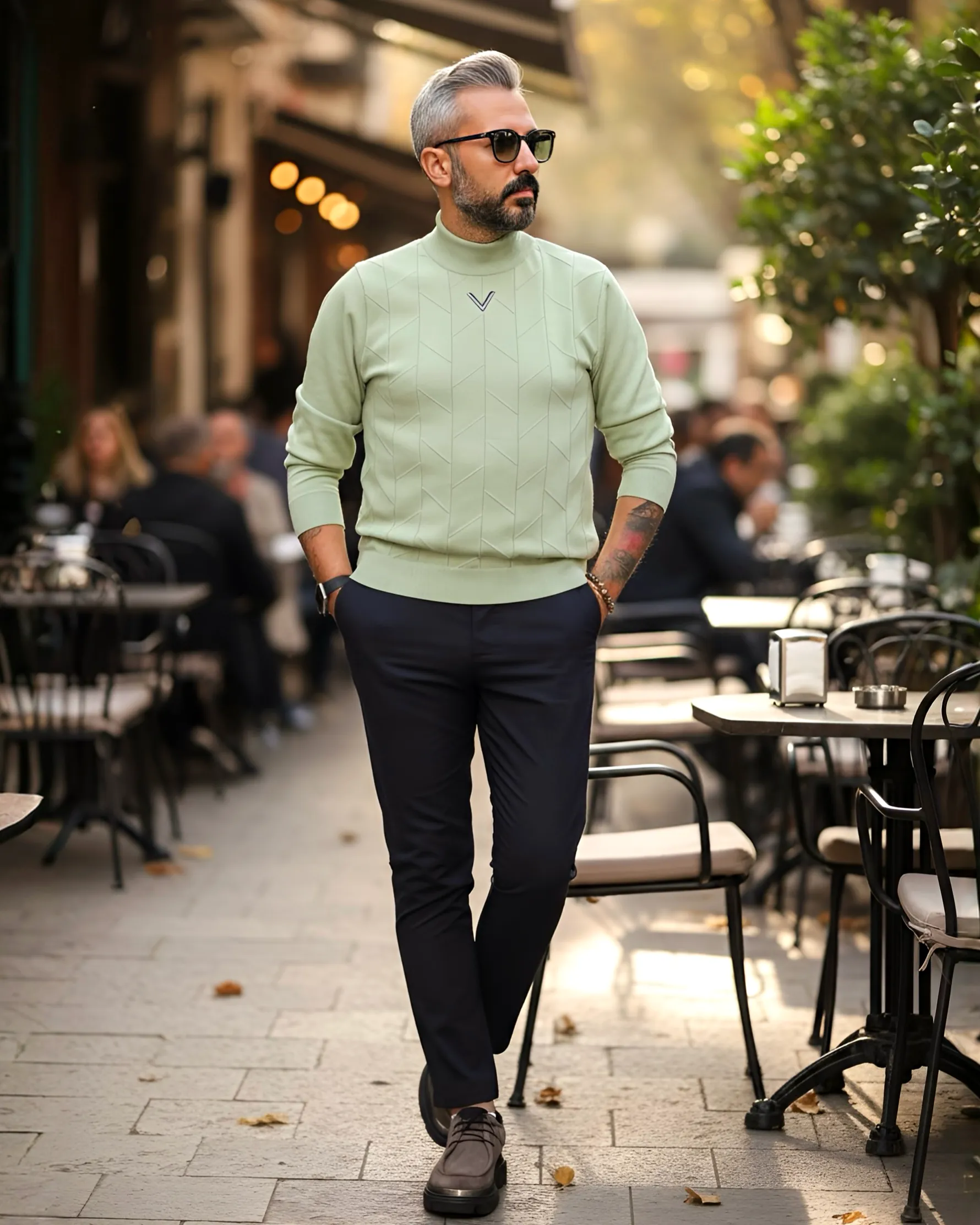 Yarım Balıkçı Desenli Triko Erkek Kazak - yeşil