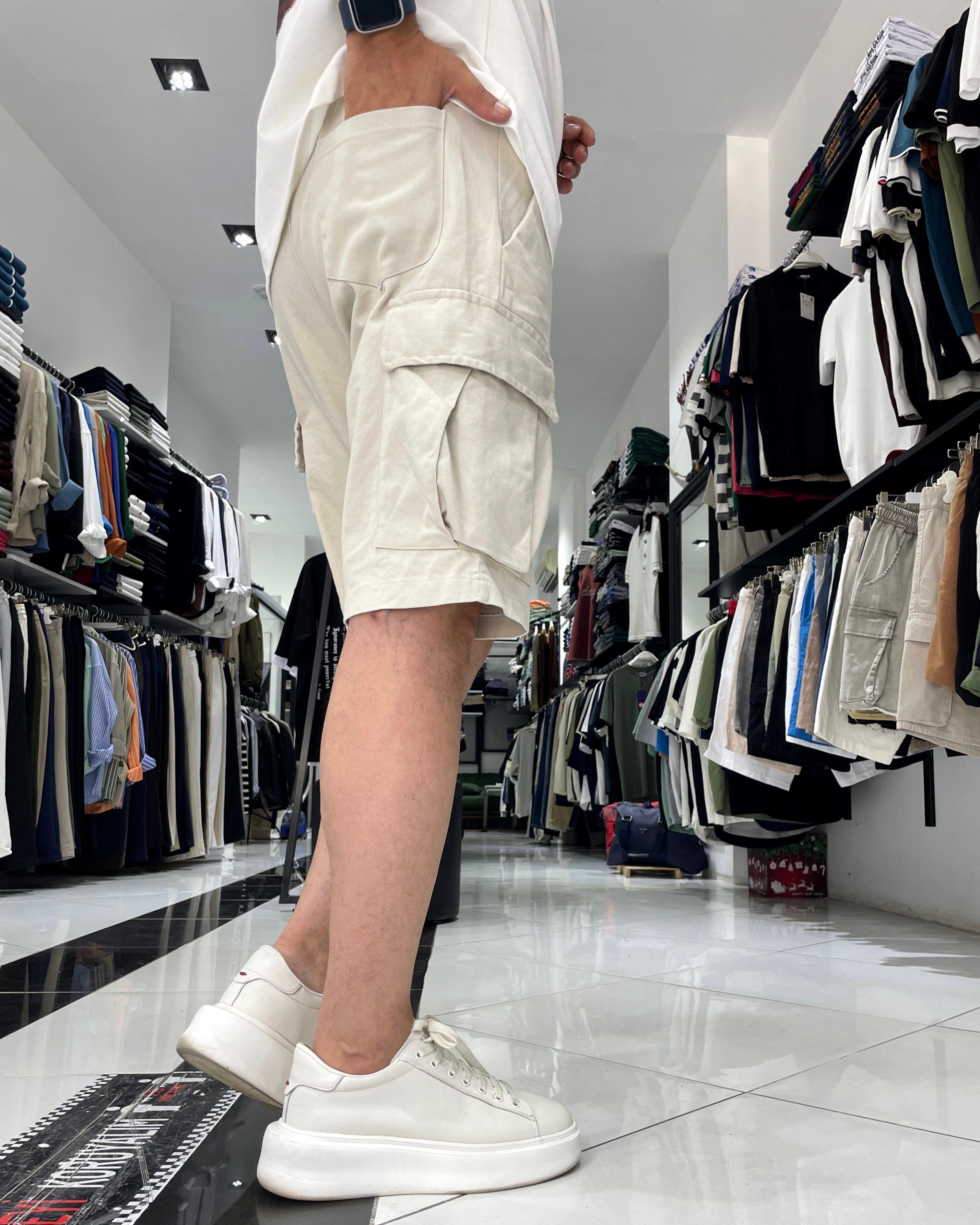 Elastic Waist Denim Shorts with Cargo Pockets - Grey