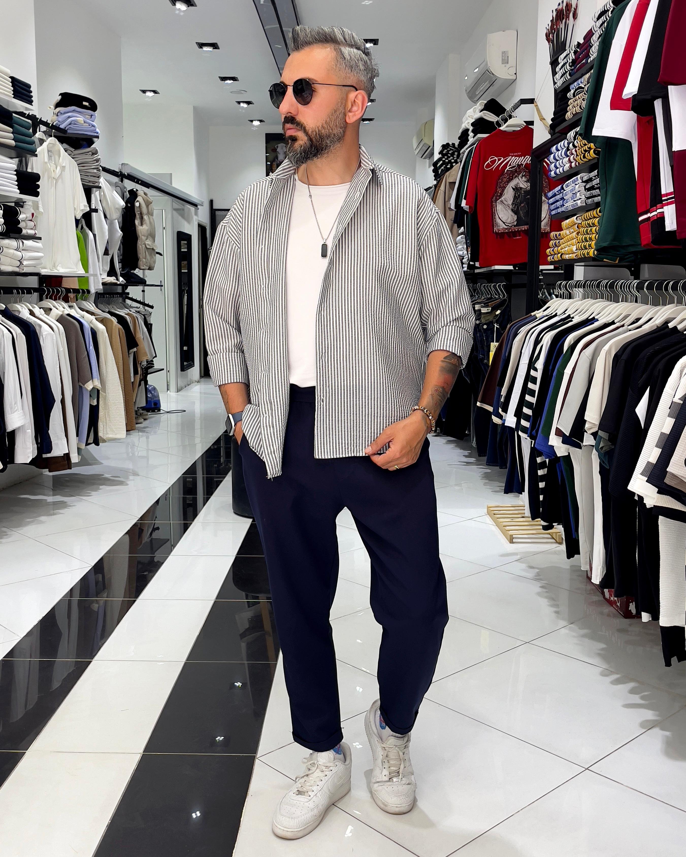 Gofre Kumaş Çizgili Oversize Erkek Gömlek - siyah