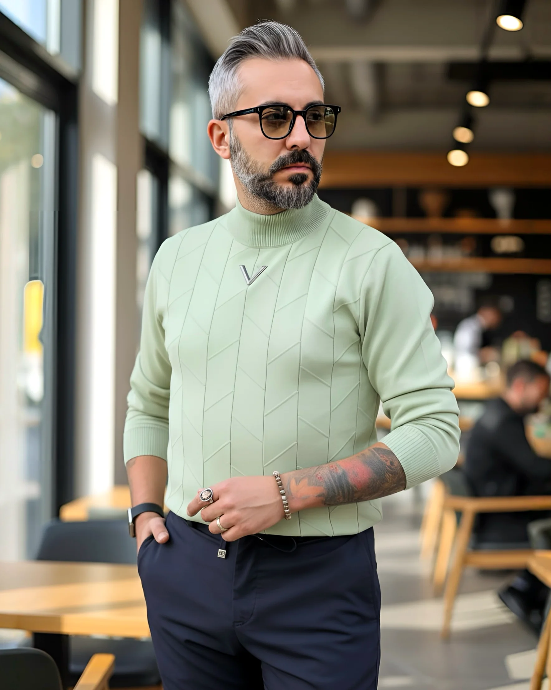 Yarım Balıkçı Desenli Triko Erkek Kazak - yeşil