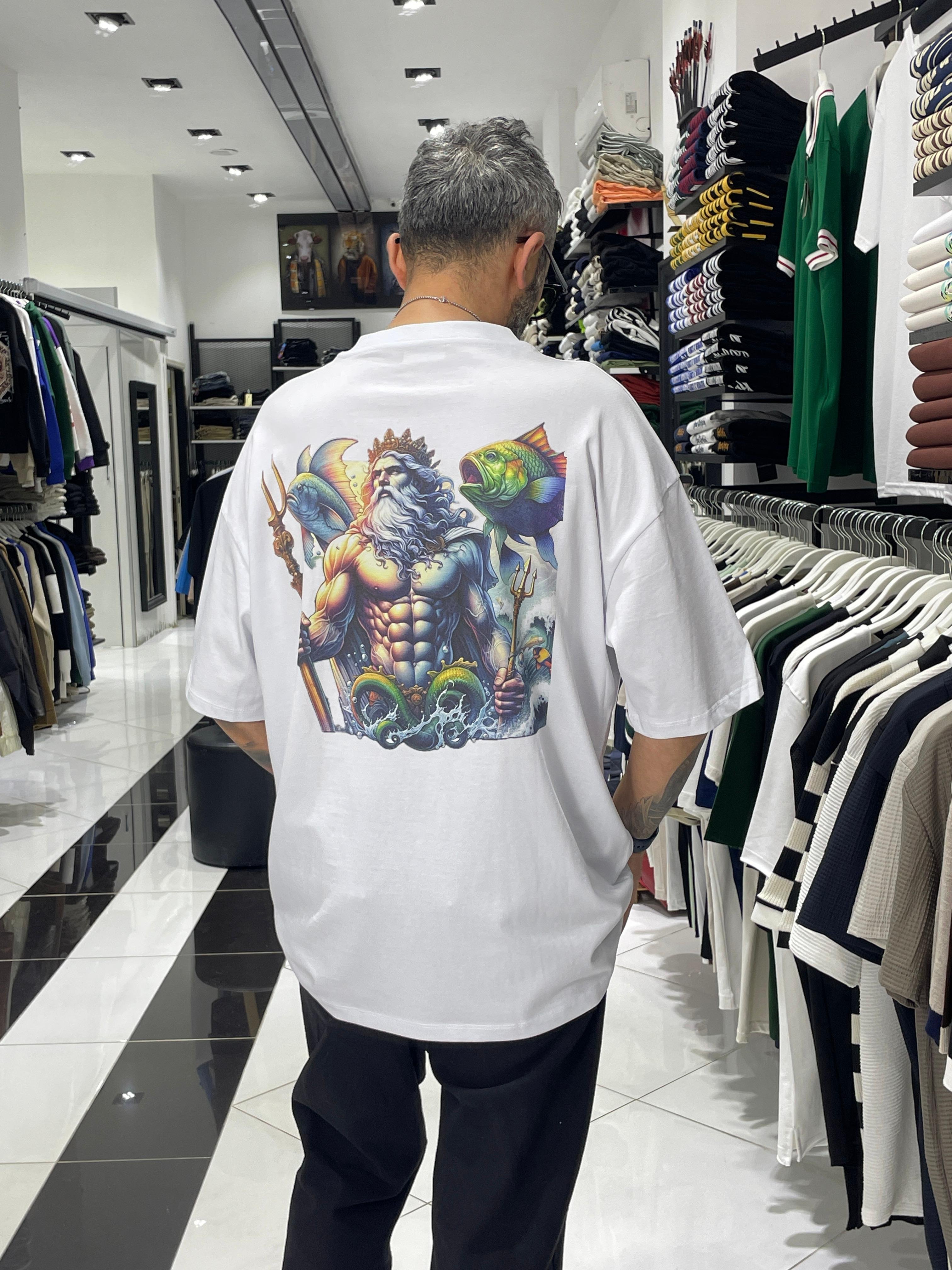Poseidon Printed White Men's Oversize T-Shirt