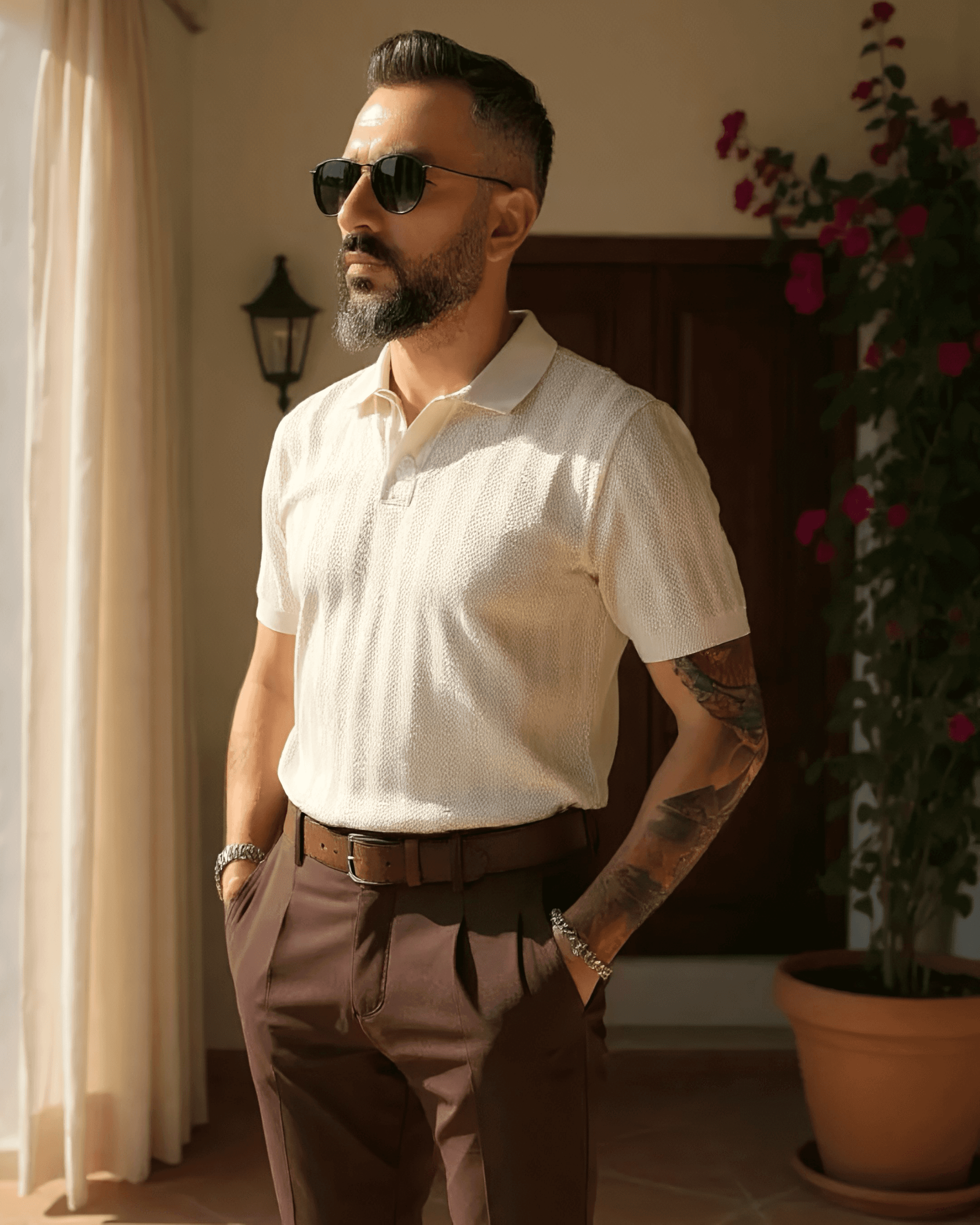 Yaka Detaylı Triko Polo Yaka Erkek T-Shirt - bej