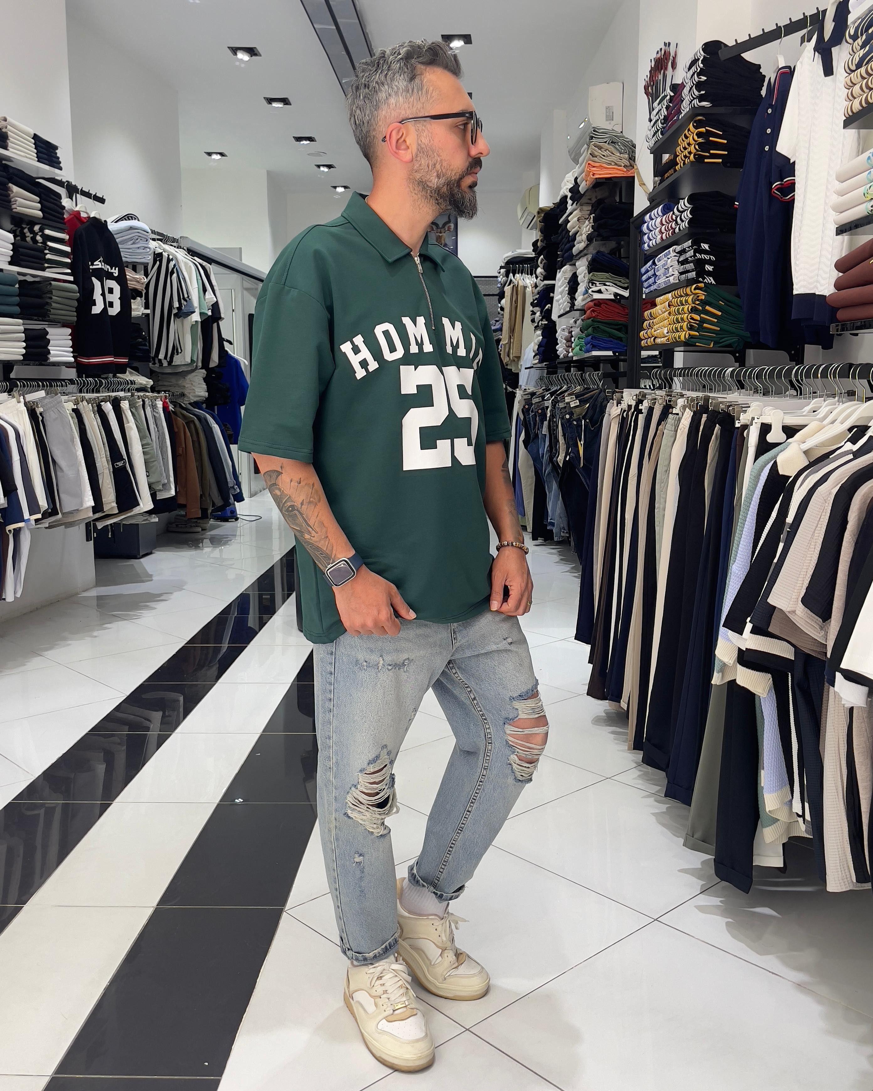 Hommie Baskili Oversize Erkek Polo Yaka T-Shirt - yeşil