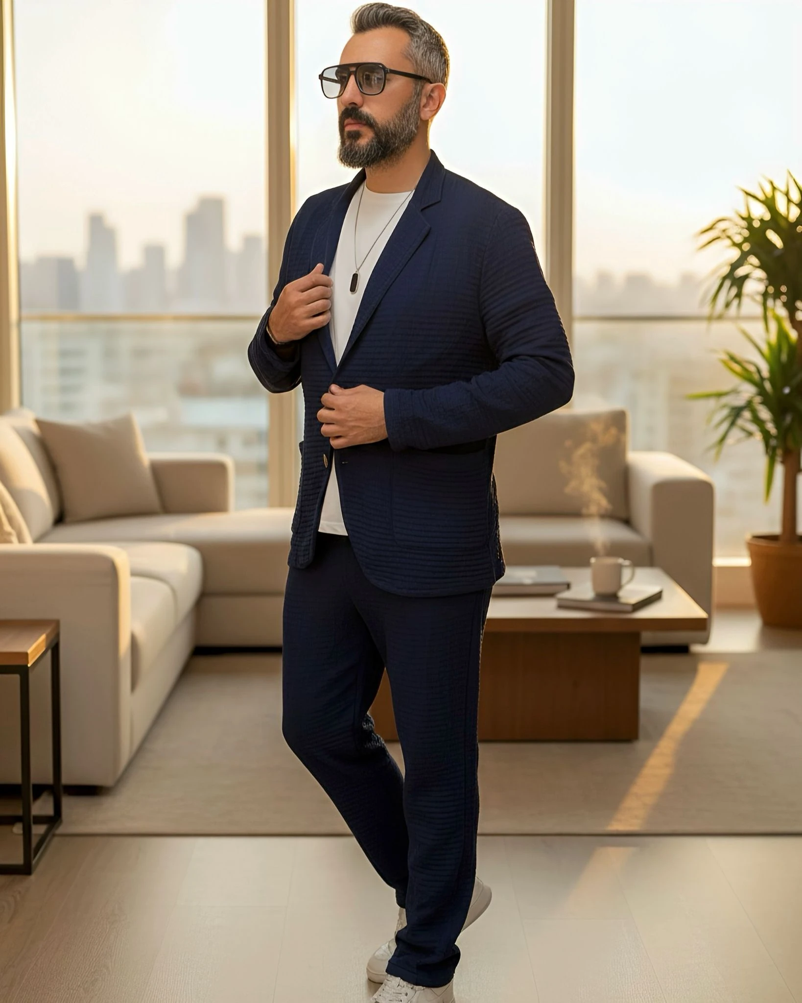 Linen Cotton Two Piece Suit - Navy blue