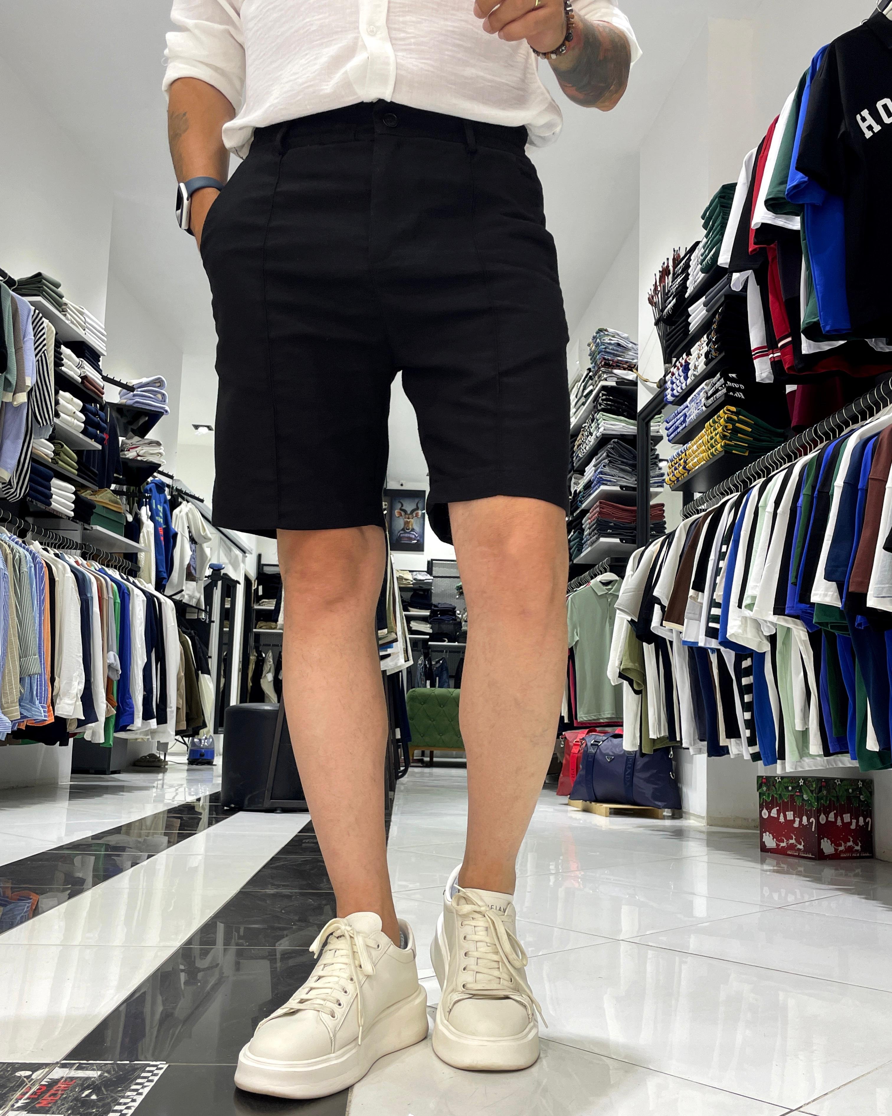 Relaxed Fit Çima Çizgi Detaylı Erkek Keten Pamuk Şort - siyah