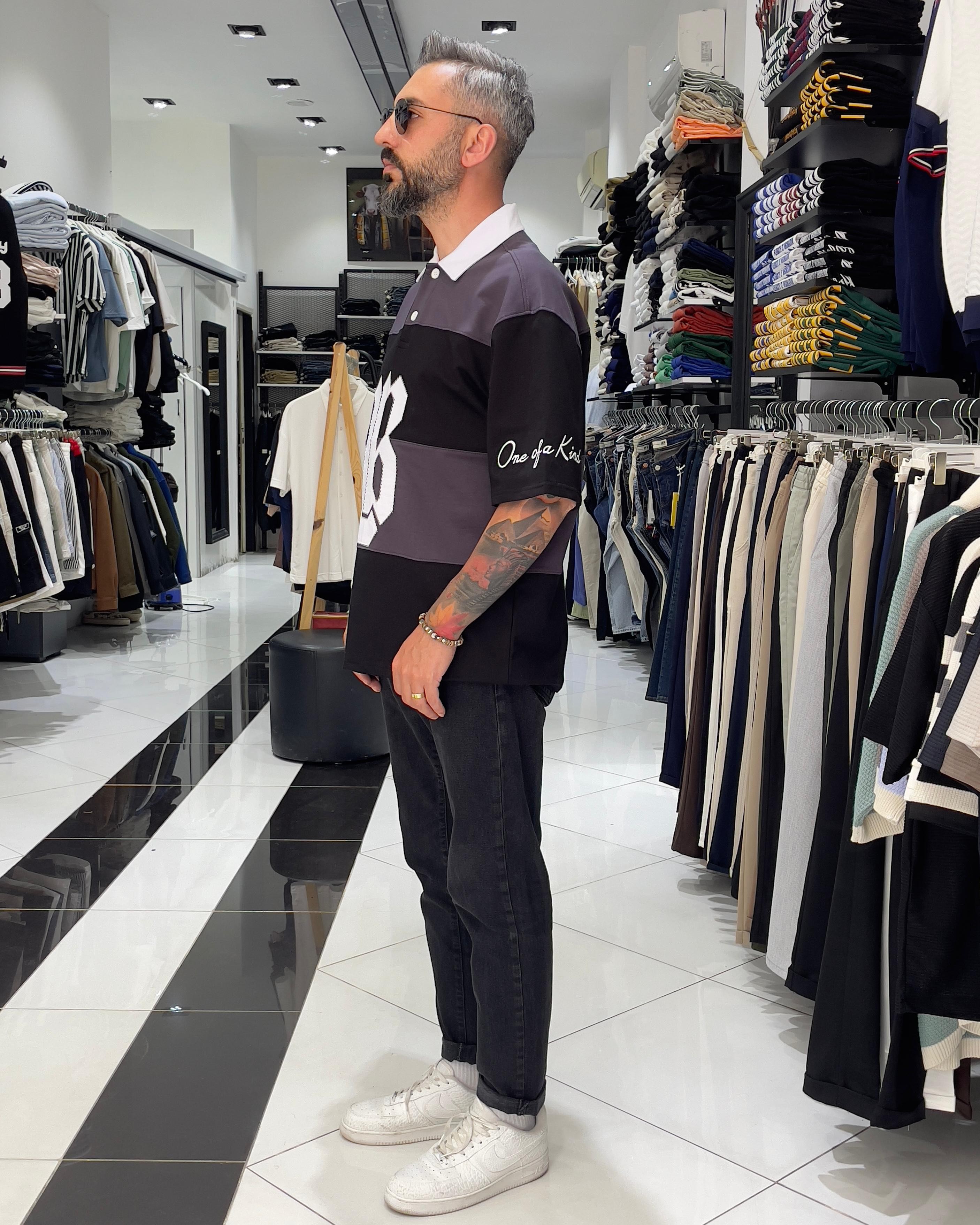 LB Nakışlı Yarım Fermuarlı Oversize Polo Yaka Erkek T-Shirt