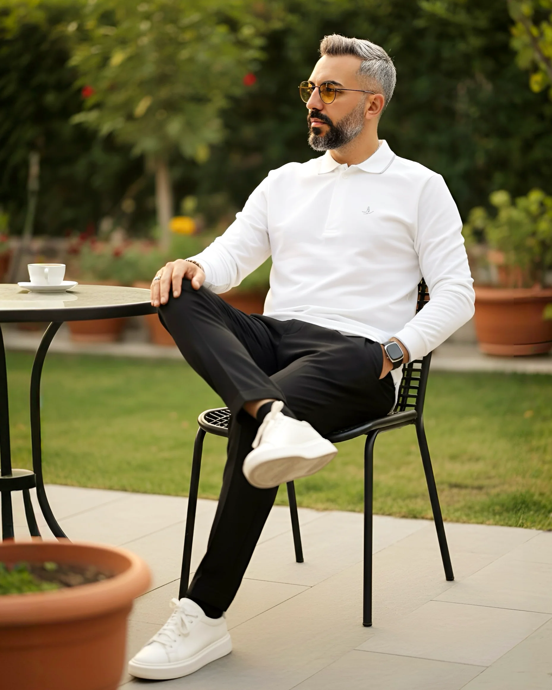 Uzun Kollu  Yarım Fermuarlı Pike Kumaş Erkek Polo - beyaz