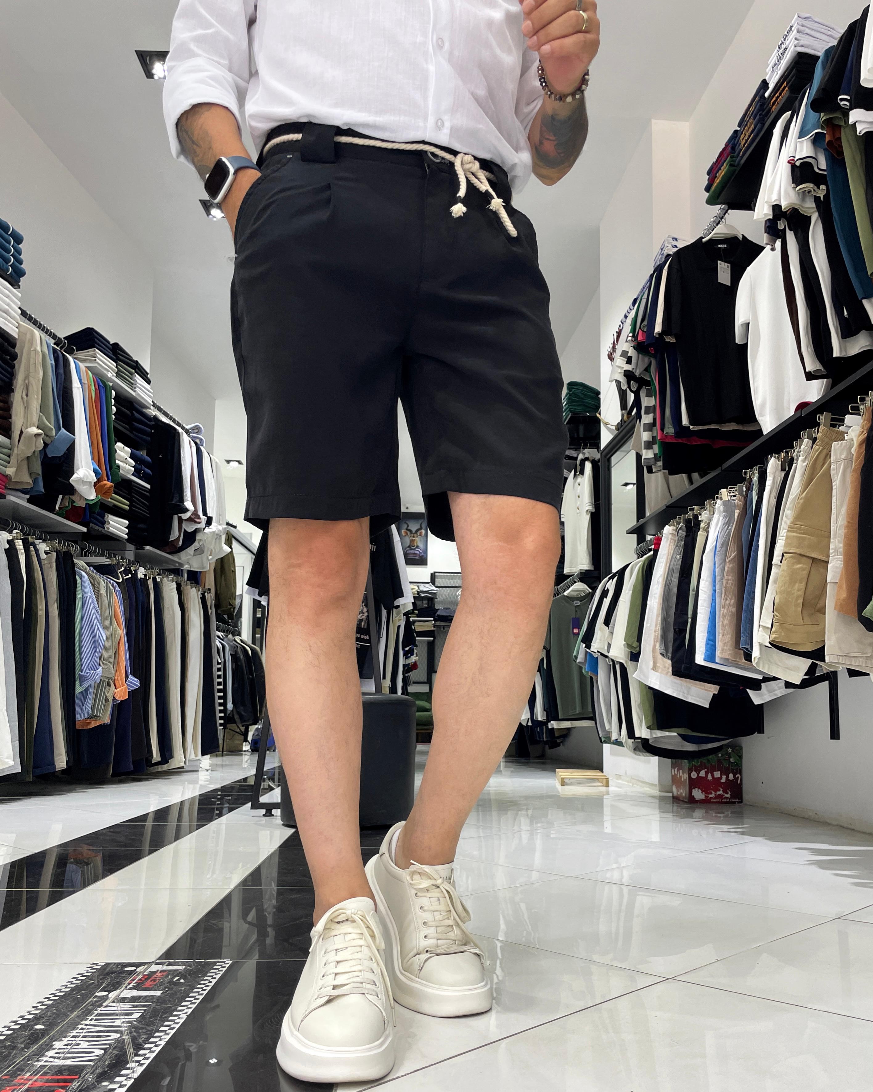 Modal Fabric Belt Detailed Men's Shorts - Black