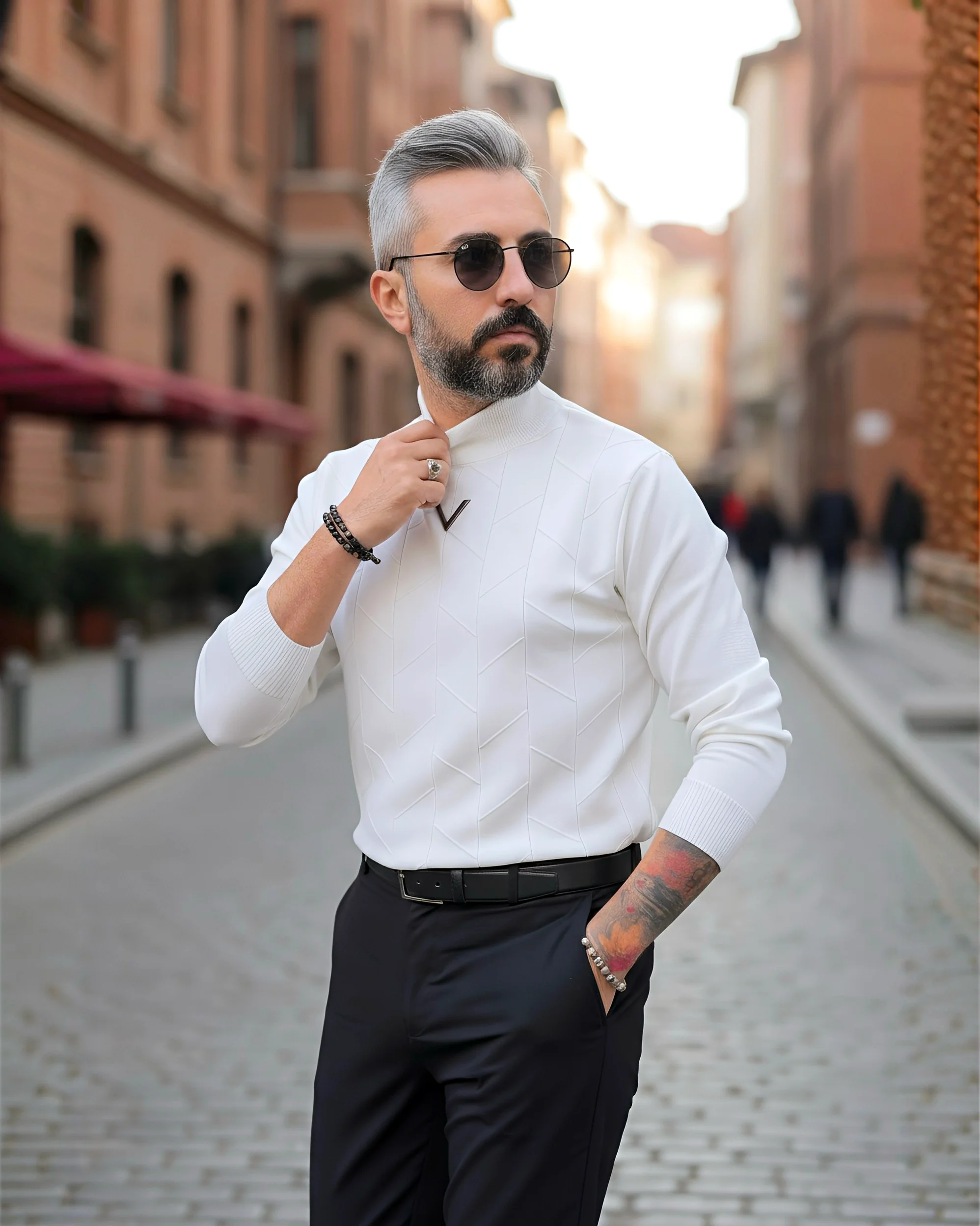 Yarım Balıkçı Desenli Triko Erkek Kazak - beyaz