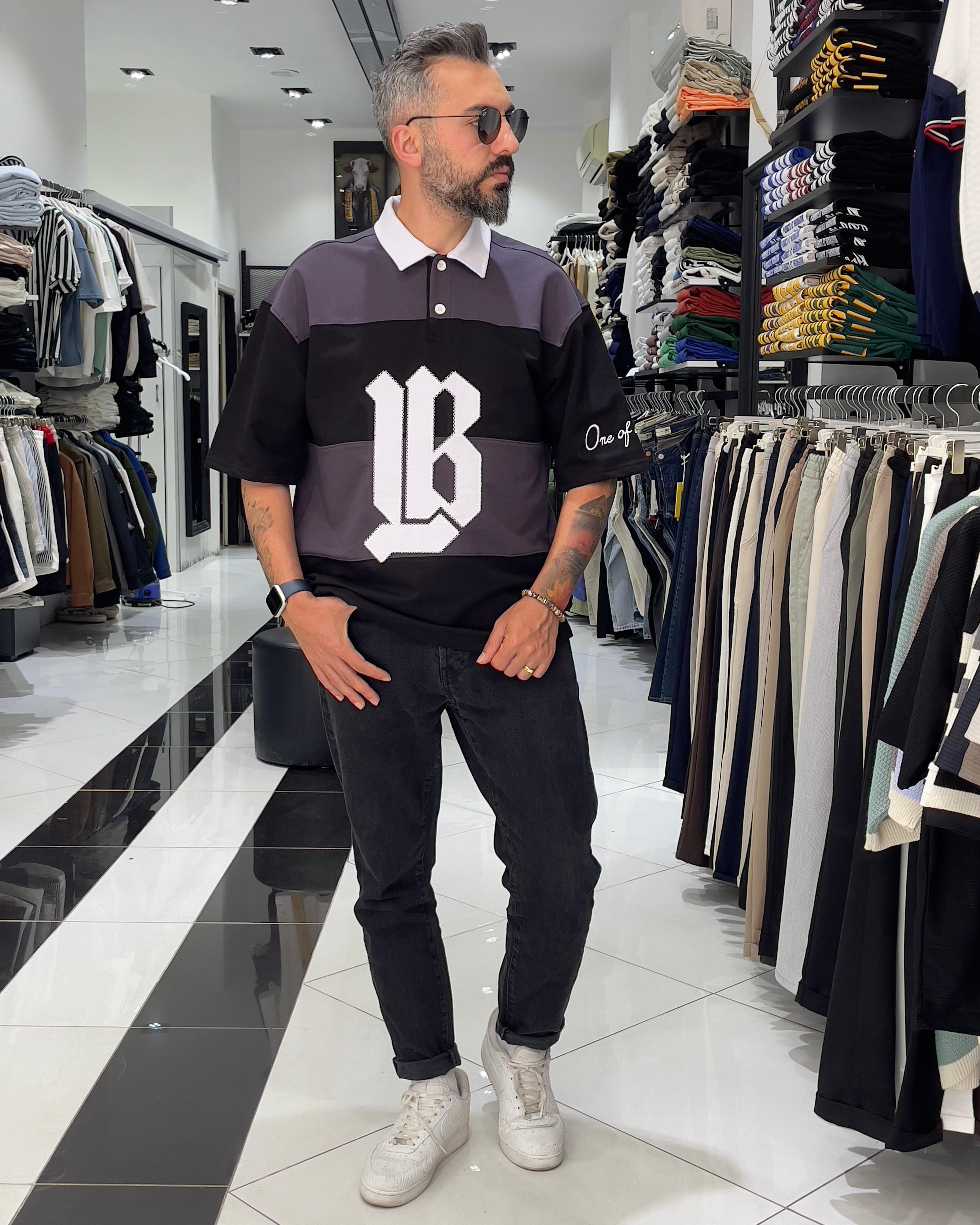 LB Nakışlı Yarım Fermuarlı Oversize Polo Yaka Erkek T-Shirt