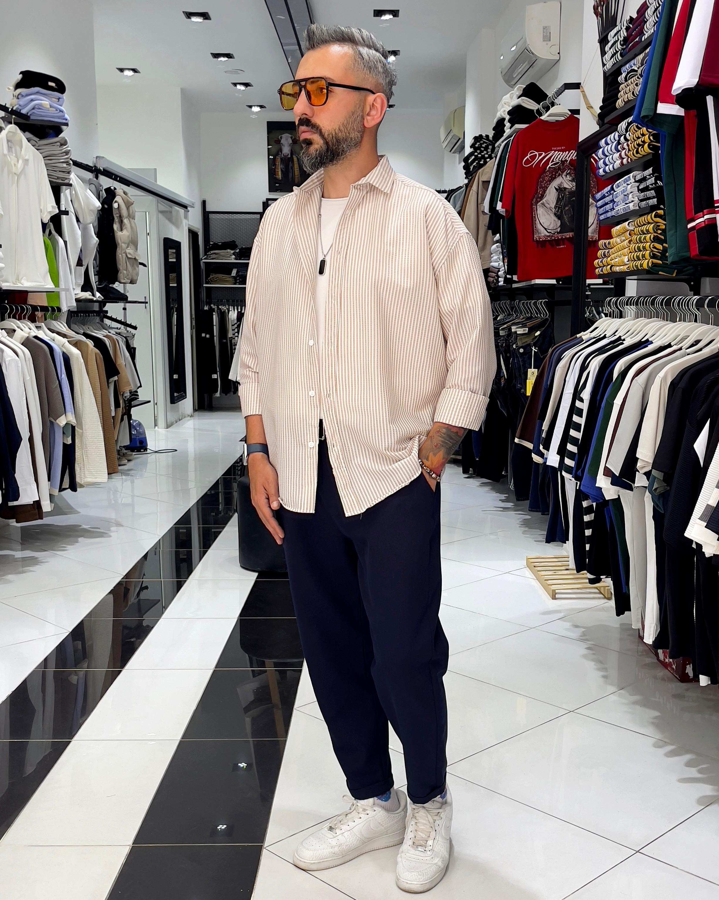 Gofre Kumaş Çizgili Oversize Erkek Gömlek - açık kahve