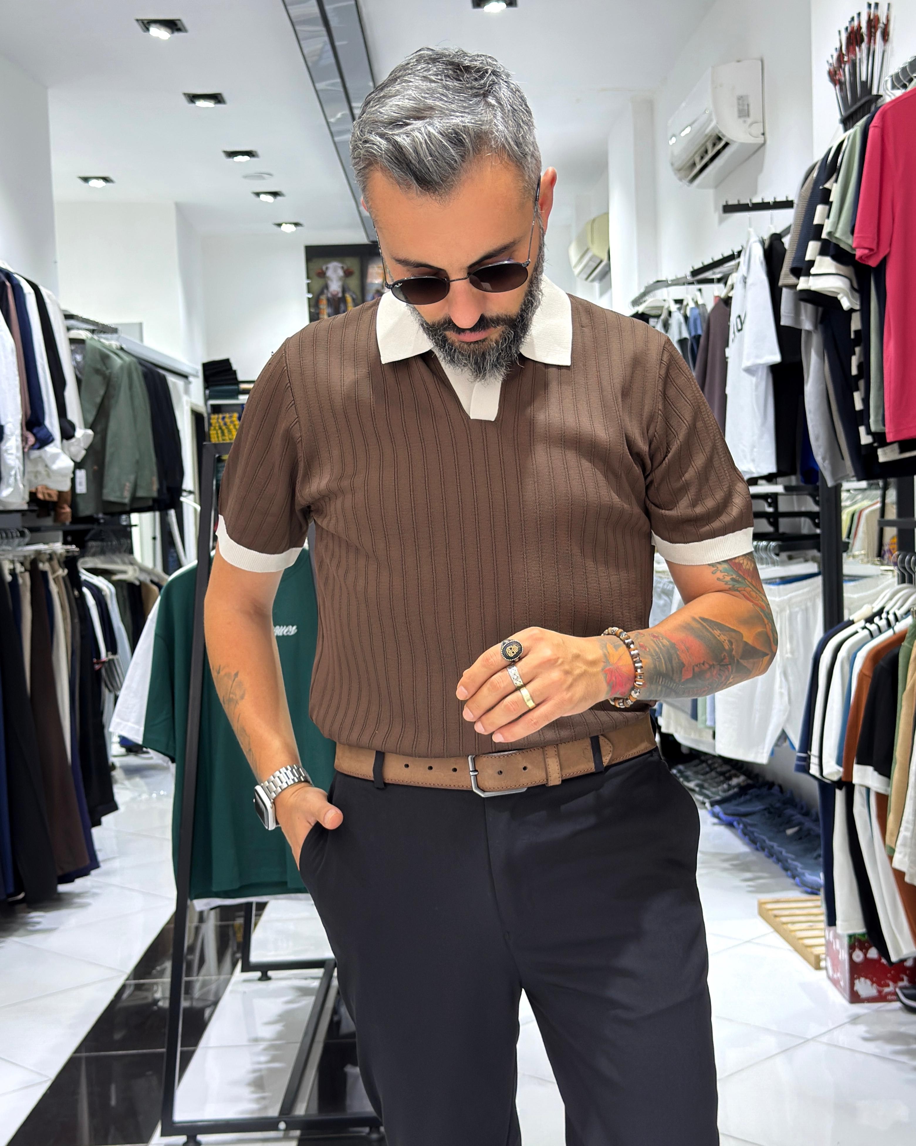 Yaka Detaylı Erkek Triko Polo Yaka T-Shirt - kahve