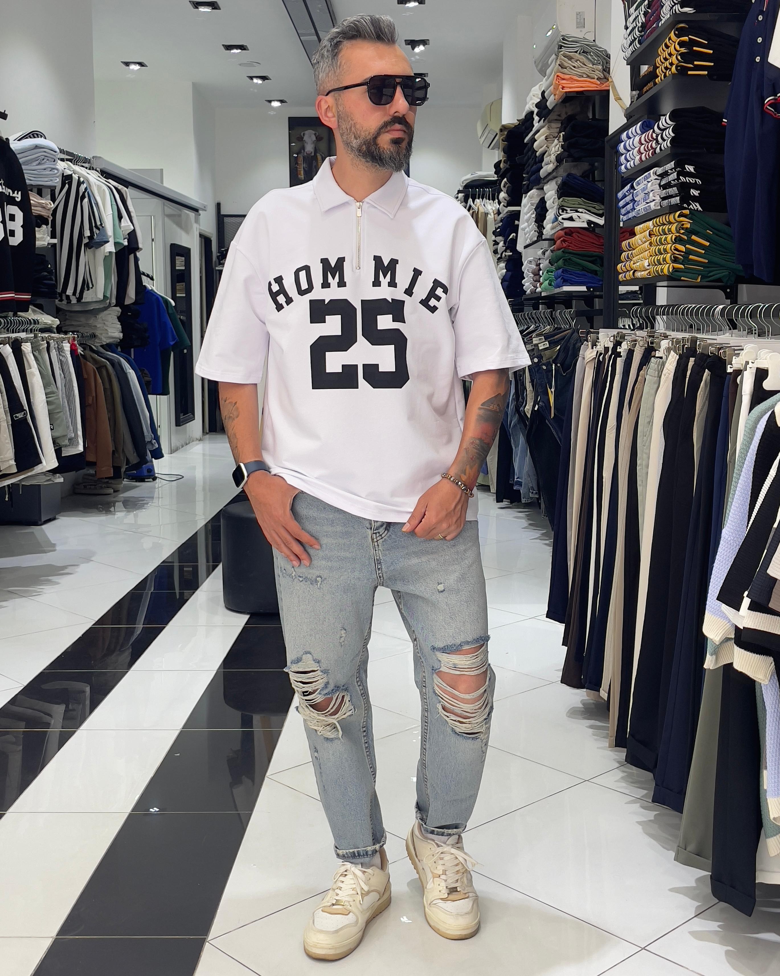 Hommie Baskili Oversize Erkek Polo Yaka T-Shirt - beyaz
